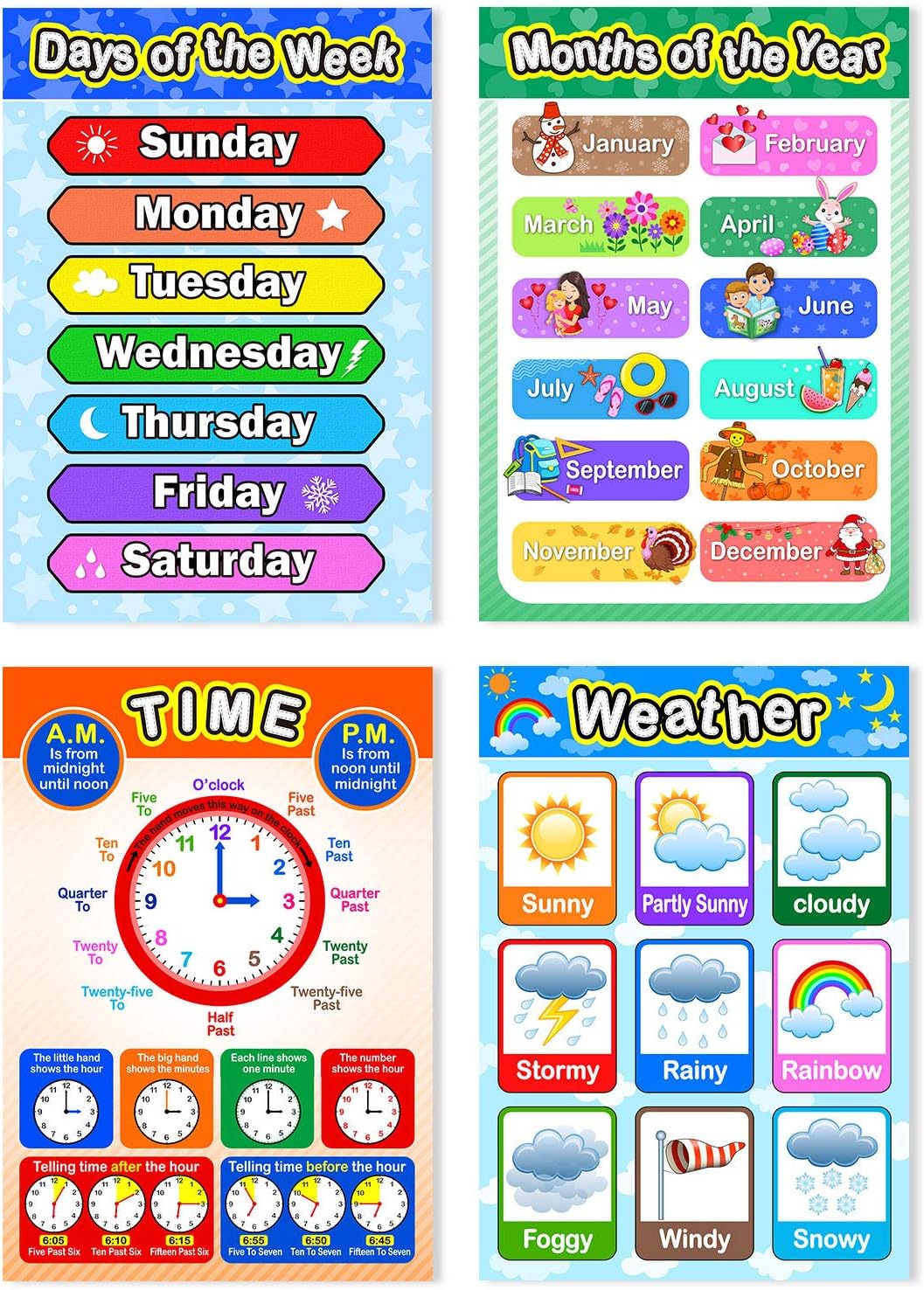Educational Preschool Poster for Toddler and Kid with Glue Point Dot for Nursery Homeschool Kindergarten Classroom - Teach Numbers Alphabet Colors Days and More 16 x 11 Inch (12 Pieces, English Style) : Office Products