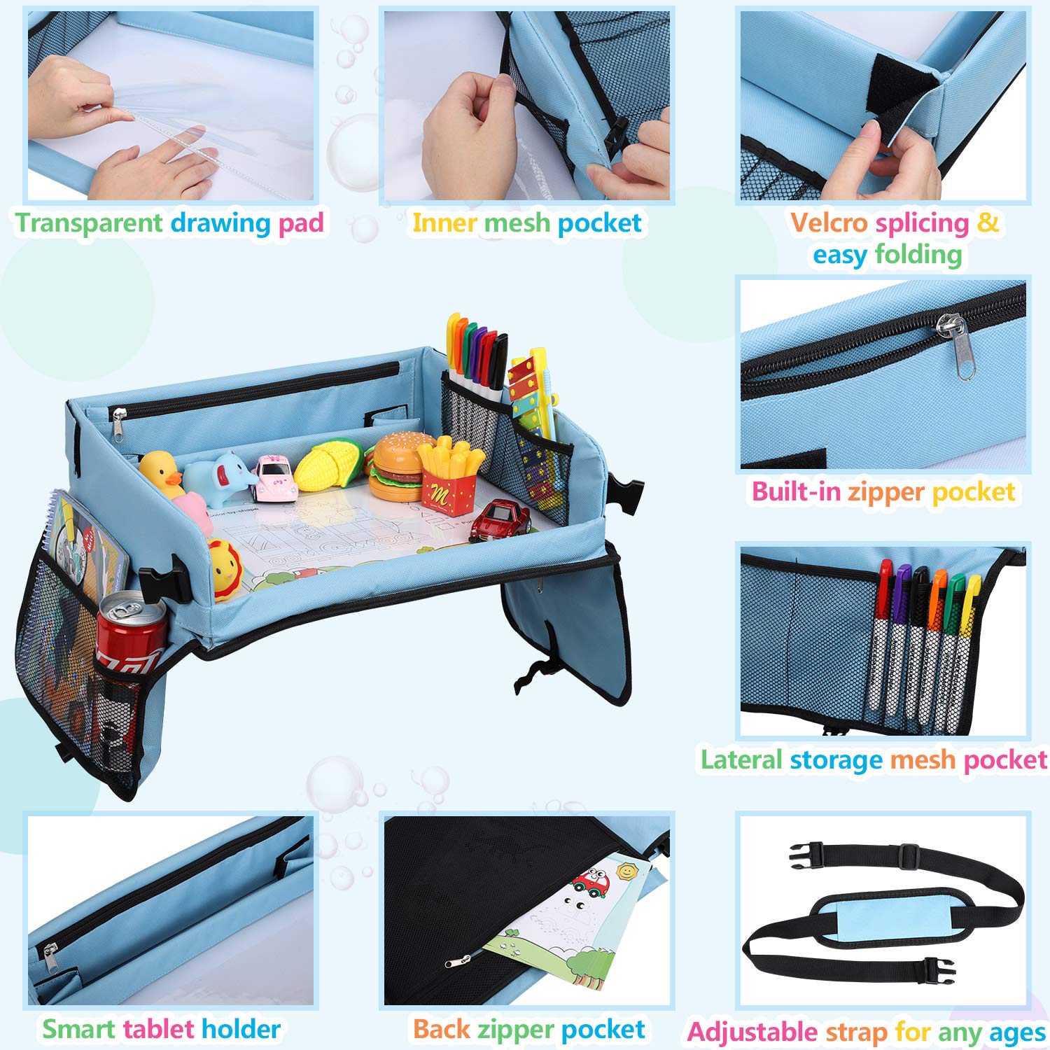 Car Activity Trays For Kids,LOORI Baby Car Trays with Dry Erasable Top