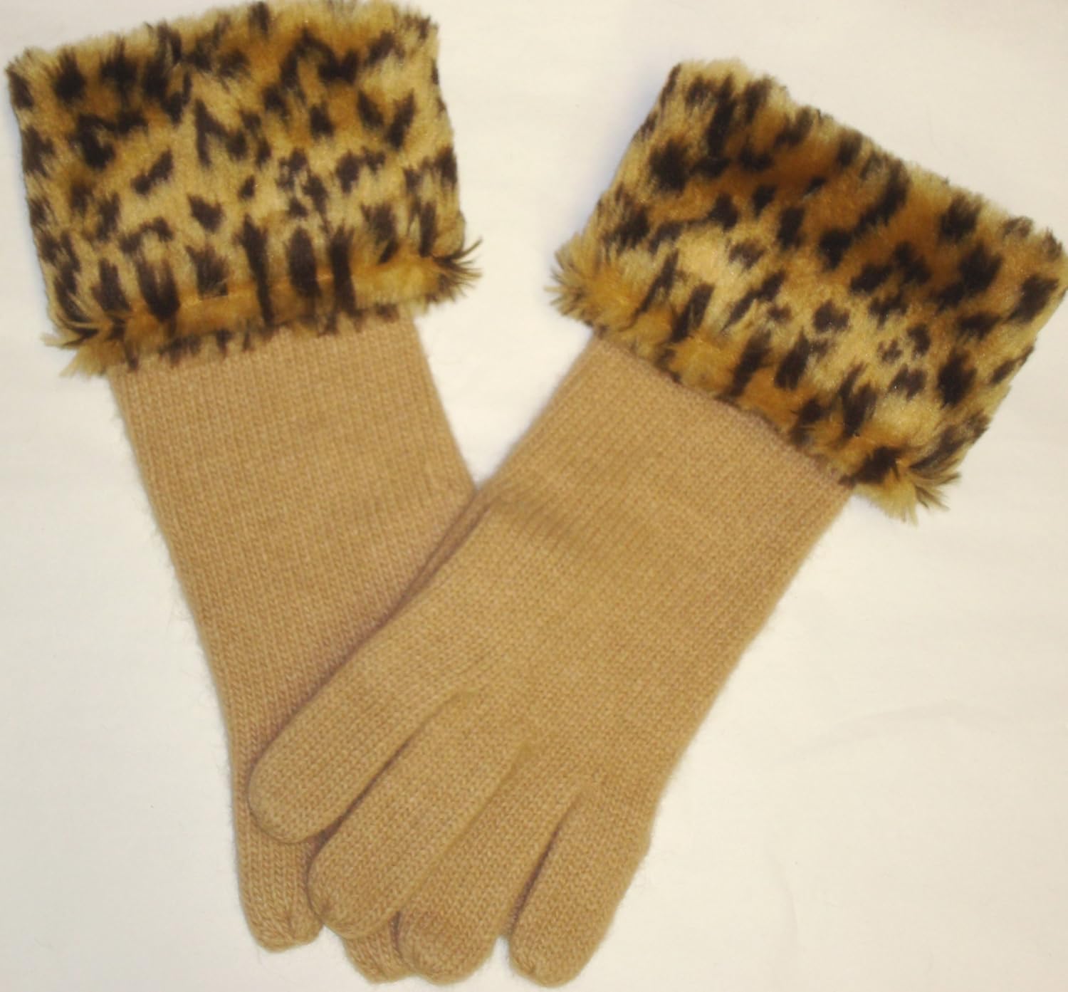 One Size Beige Angora Wool Gloves Trimmed with Fluffy Leopard Print Fur