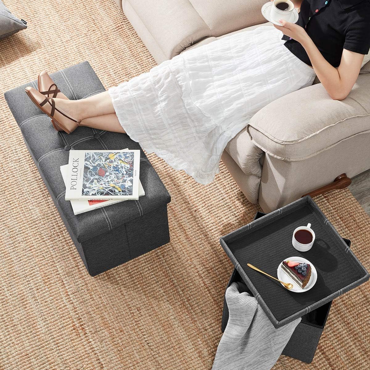 YOUDENOVA 30 inches Storage Ottoman Bench, Foldable Footrest Shoe Bench with 80L Storage Space, End of Bed Storage Seat, Support 350lbs, Linen Fabric Grey: Kitchen & Dining