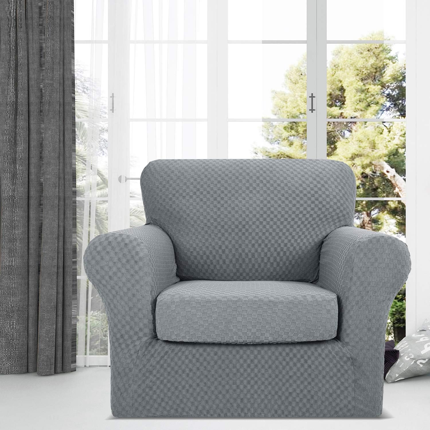 YEMYHOM Latest Checkered 2 Pieces Chair Covers for Living Room High Stretch Thickened Chair Slipcovers with Arms Anti Slip Elastic Armchair Sofa Couch Slipcover Protector (Chair, Light Gray): Kitchen & Dining