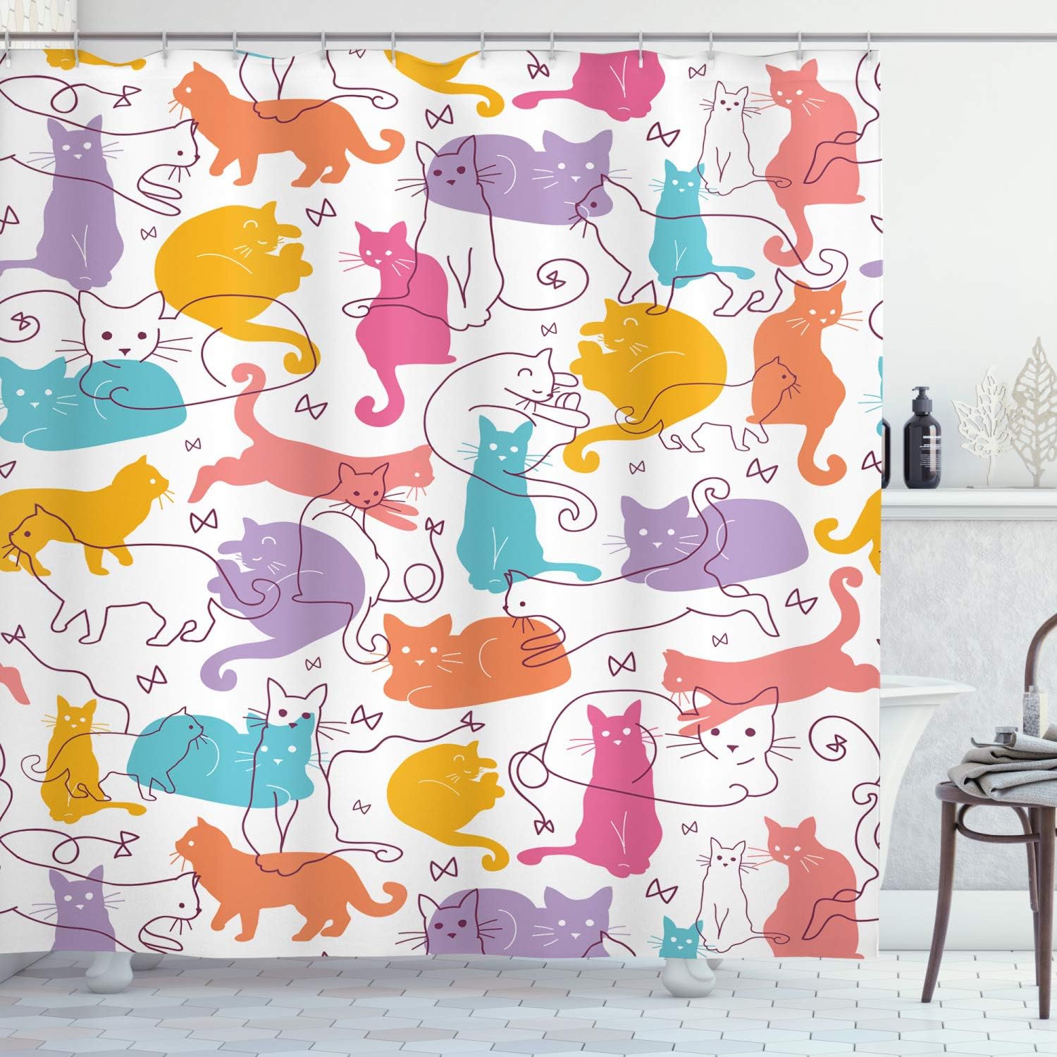 Ambesonne Cat Shower Curtain, Colorful Cats Jumping Playing Sitting Relaxing Feline Children Joyful Modern Line Art, Cloth Fabric Bathroom Decor Set with Hooks, 70