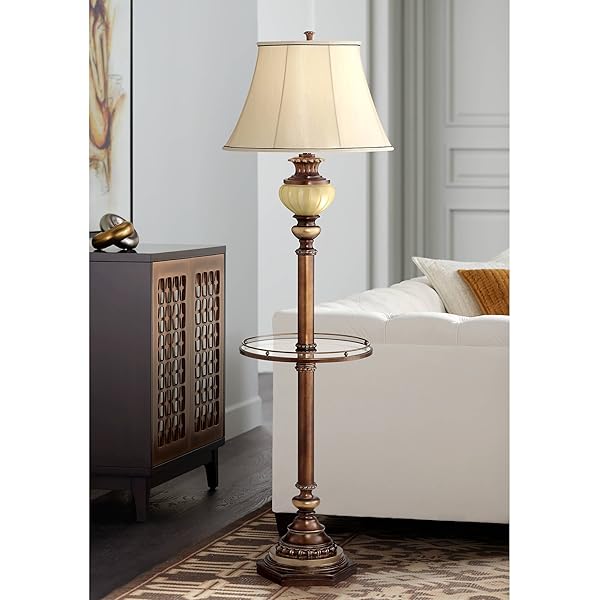 brass floor lamp with glass table