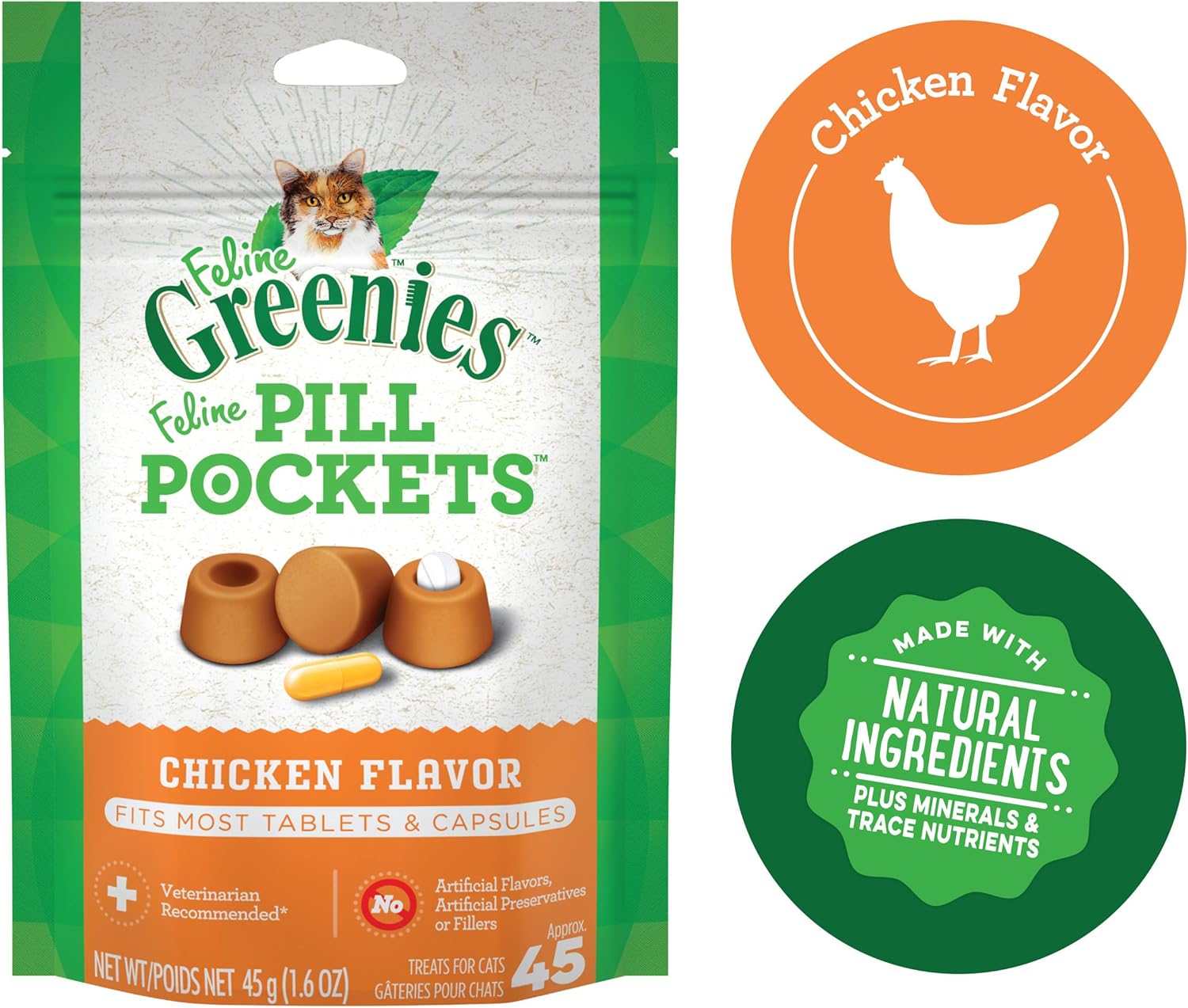 FELINE GREENIES PILL POCKETS for Cats Natural Soft Cat Treats, Chicken Flavor, 1.6 oz. Pack (45 Treats) : Pet Snack Treats : Pet Supplies