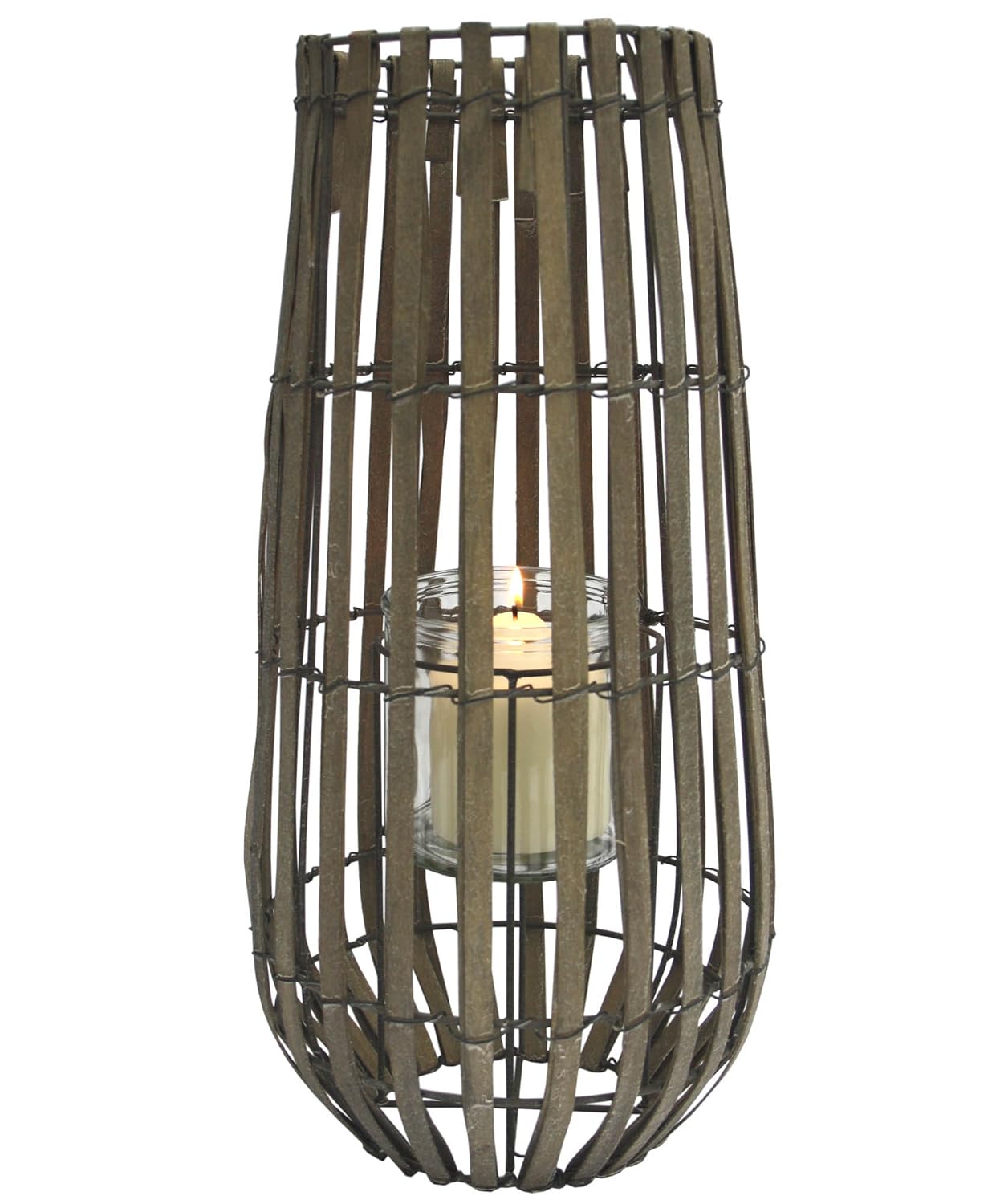 Tall Slatted Rustic Wood Effect Candle Lantern With Glass Holder