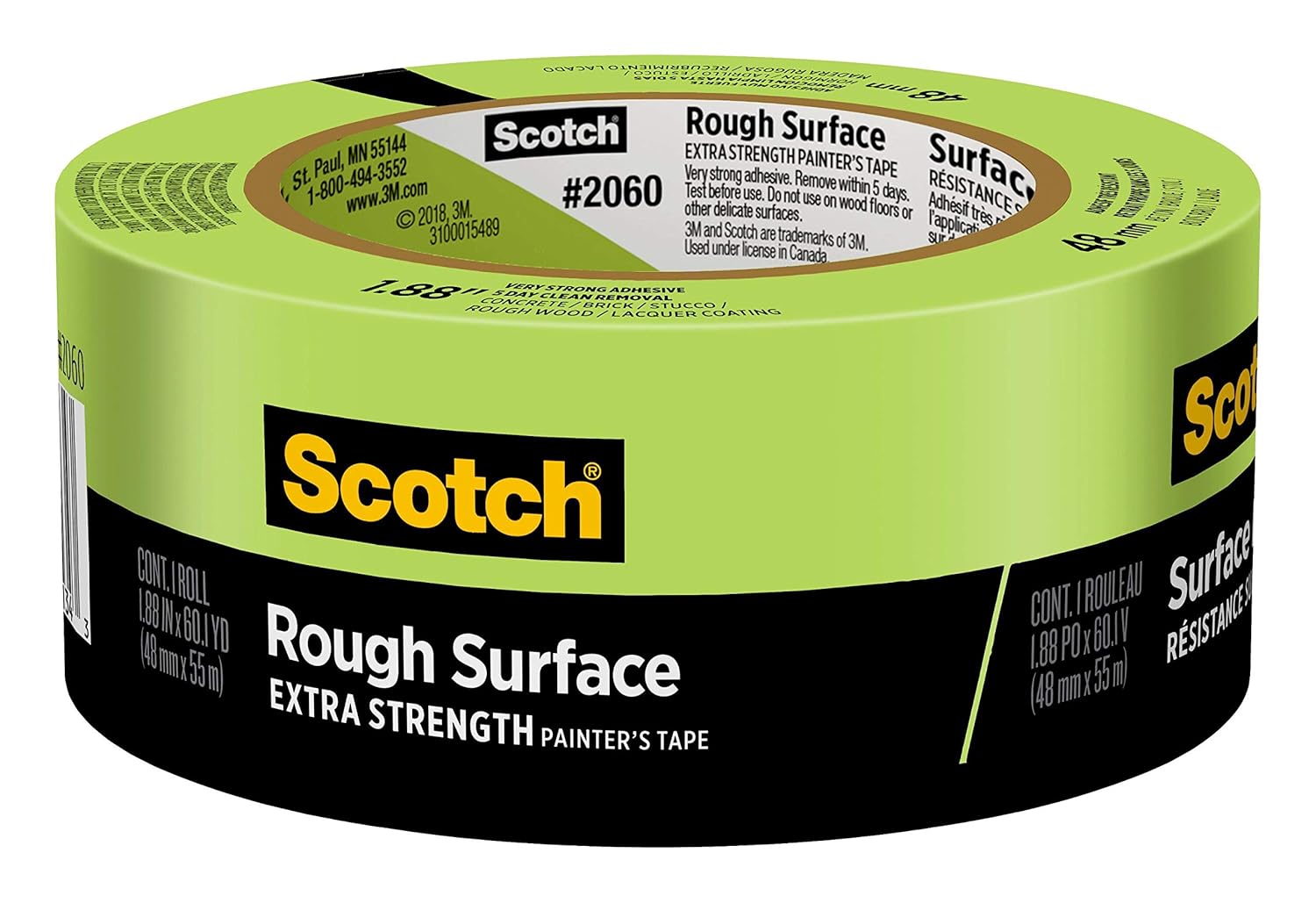 Scotch Painter's Tape 2060-2A Scotch Masking Tape for Hard-to-Stick Surfaces, 2060-48A, 1.88-Inch by 60-Yards, 1 Roll, Width, green
