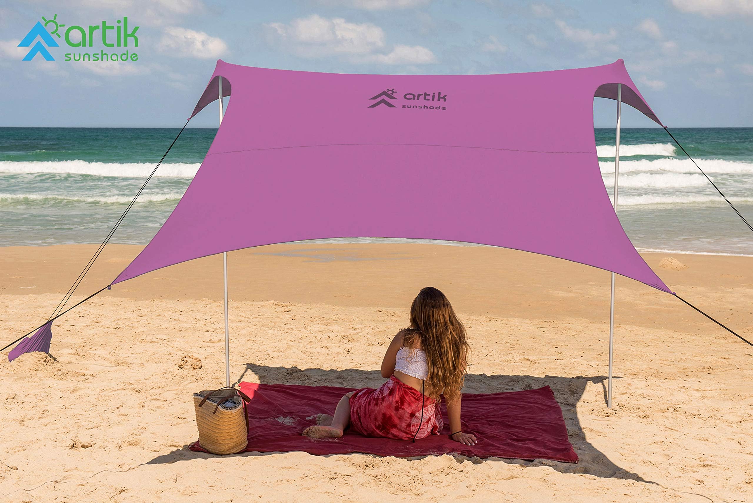 Family Beach Sunshade, with Sandbag Anchors, Simple & Versatile. SPF50, Lycra SunShelter for The Beach,Camping and Outdoors. (Bellflower, Large)