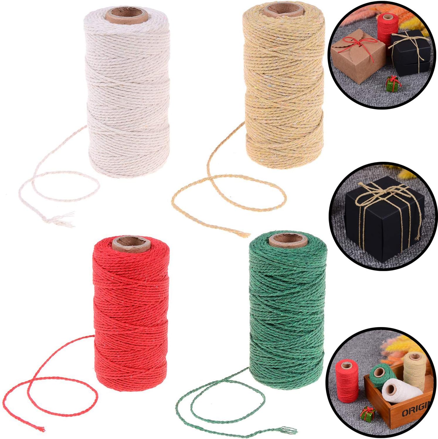 Xgood 4 Rolls 1312 Feet Cotton String 2mm New Year 2019 Twine String Rope Jute Wrapping Strings Decoration Gift String Rope for DIY Crafts,Gifts (4 Colors)