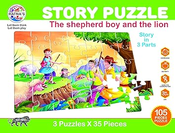 RATNAS Story Jigsaw Puzzle The Shephard BOY and The Lion for Kids. This Pack Includes 3 Jigsaw Puzzle and A Story Book Inside