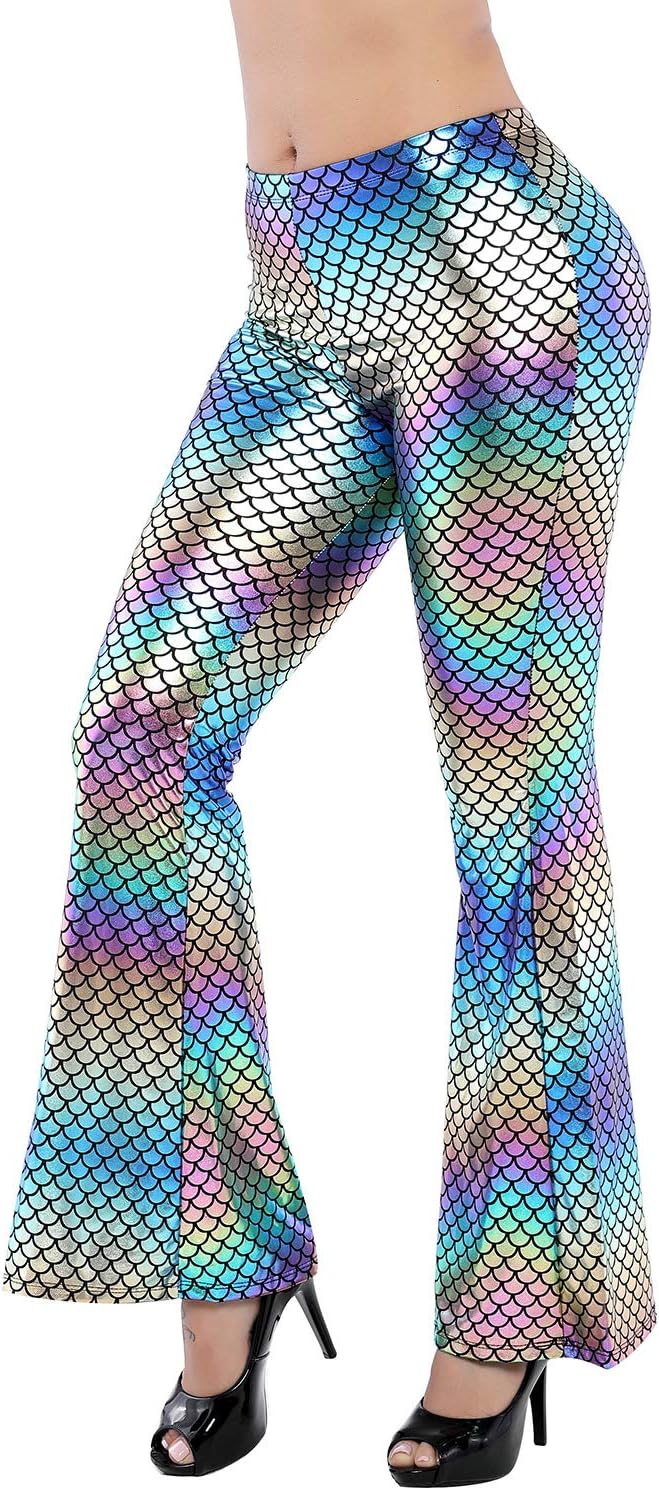 KNEEDARKYEAR Women's Retro Mermaid Fish Scale Bell Bottom Flare Pants Leggings