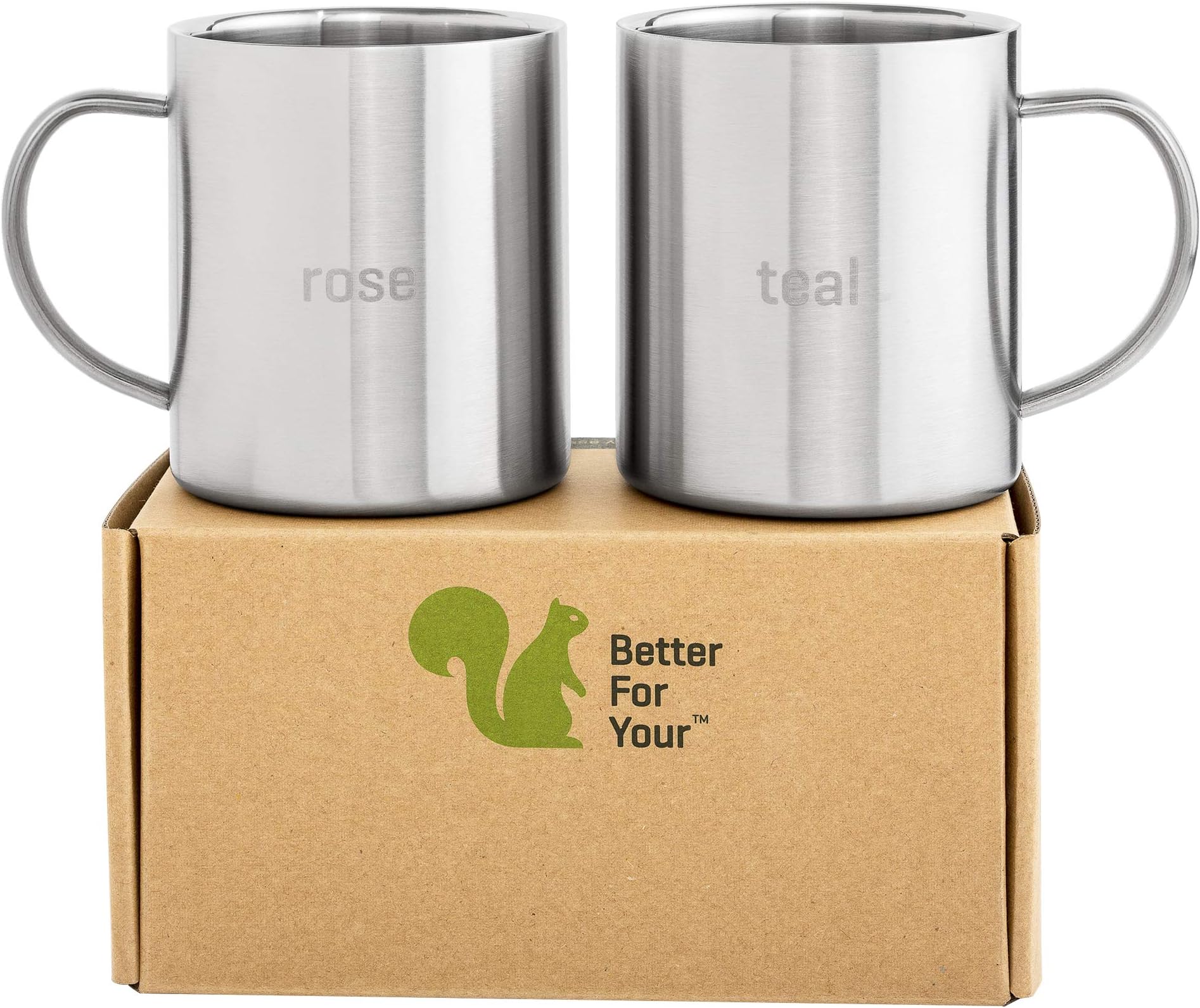 Coffee Mugs Stainless Steel - Premium Wider Handle Double Wall 13.5 oz 'ROSE' & 'TEAL' Literal Color Laser Etched Cups for Camping Home RV Gift Outdoors - Shatterproof Dishwasher Safe (Set of 2)