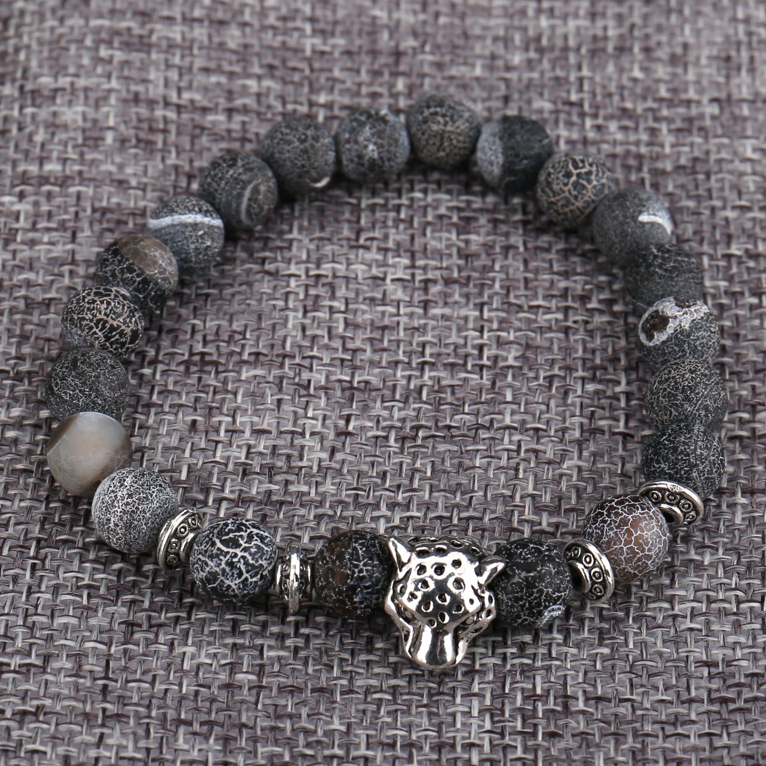 Bead Bracelets,UHIBROS Unisex Natural Tiger Eyes, Black Matte, Weathering Agate Beads Stretch Bracelets With Leopard Head Gold,Silver