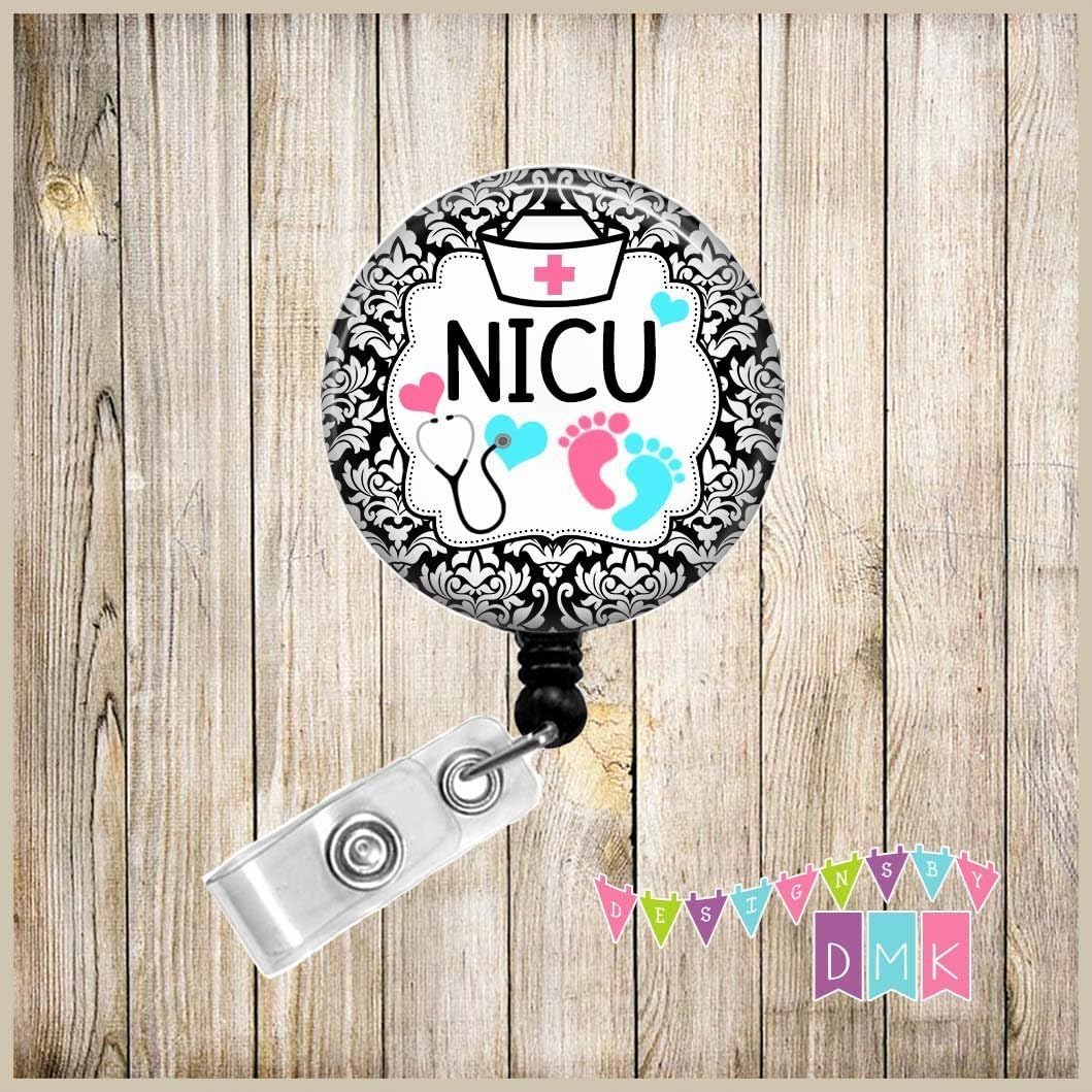 Nurse Hat - Stethoscope - NICU - Baby Feet - Black Damask - Button Badge Reel