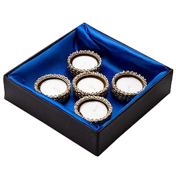 HomeSquare Golden Metal Tealight Holder Diwali Diya with Artificial Stones for Diwali Corporate Gifting - Set of 5