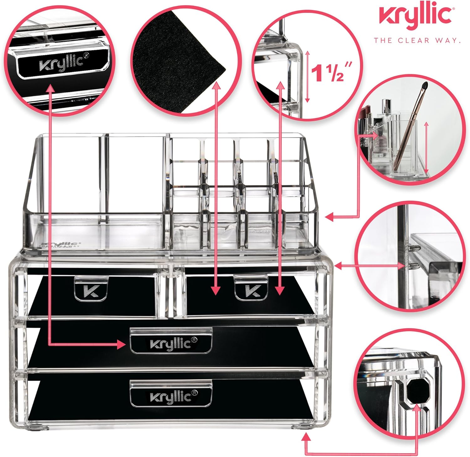 Kryllic Makeup Organizer For Vanity - Makeup Storage - Makeup Holders and Organizers - Vanity Makeup Organizer - Make Up Organizer - Makeup and Jewelry Organizer - Cosmetic Display Cases: Home & Kitchen