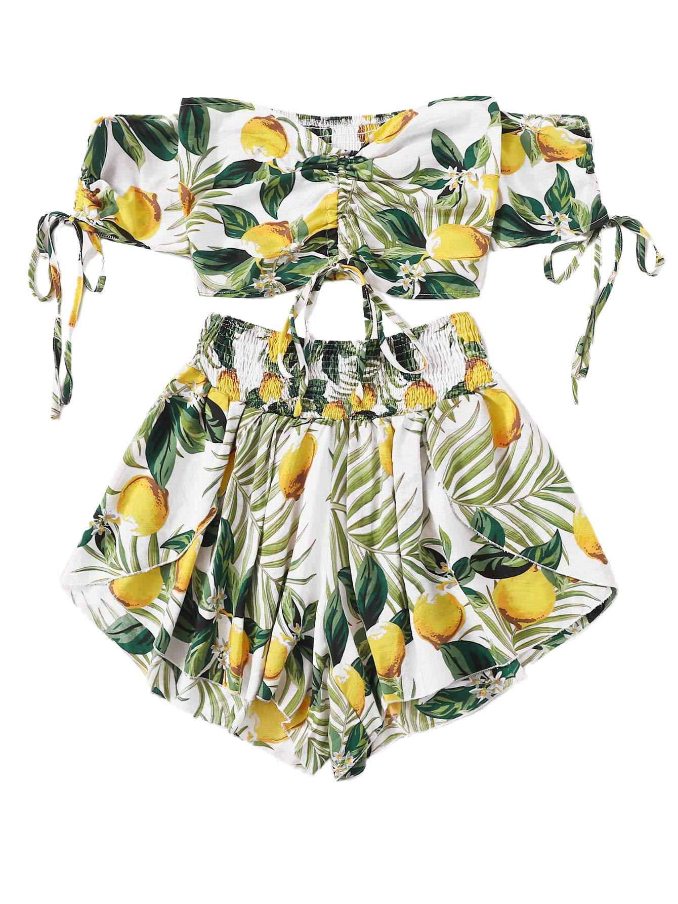 Womens Boho Floral Two Piece Outfit Off Shoulder Drawstring Crop