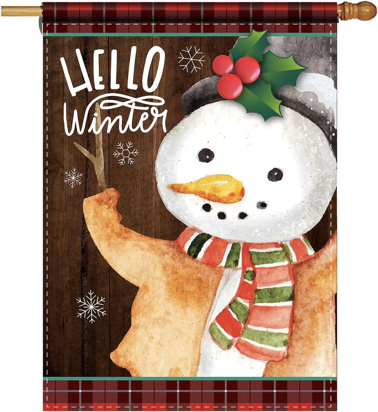 Rustic Christmas Garden Flag Hello Winter Snowman Holiday Decorative Home Garden Flag Decor Banner for Outside - Farmhouse Christmas Flag Yard Outdoor Season Decoration 28 x 40 Inch(Double Sided)