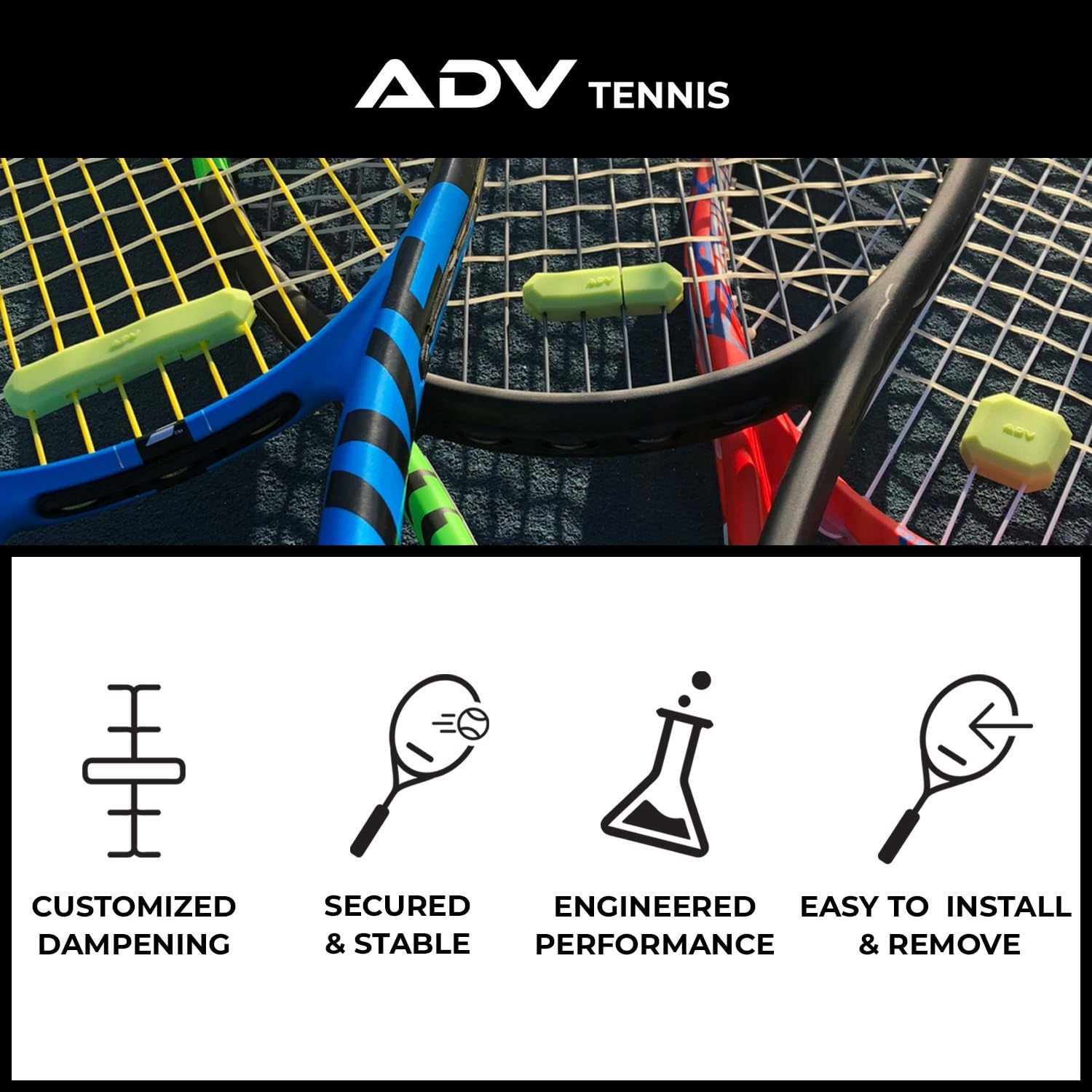 ADV Tennis Vibration Dampener - Set of 3 - Ultimate Shock Absorbers for Racket and Strings - Premium Quality, Durable, and 100% Reliable - Newest Technology (Bright Yellow Green) : Sports & Outdoors