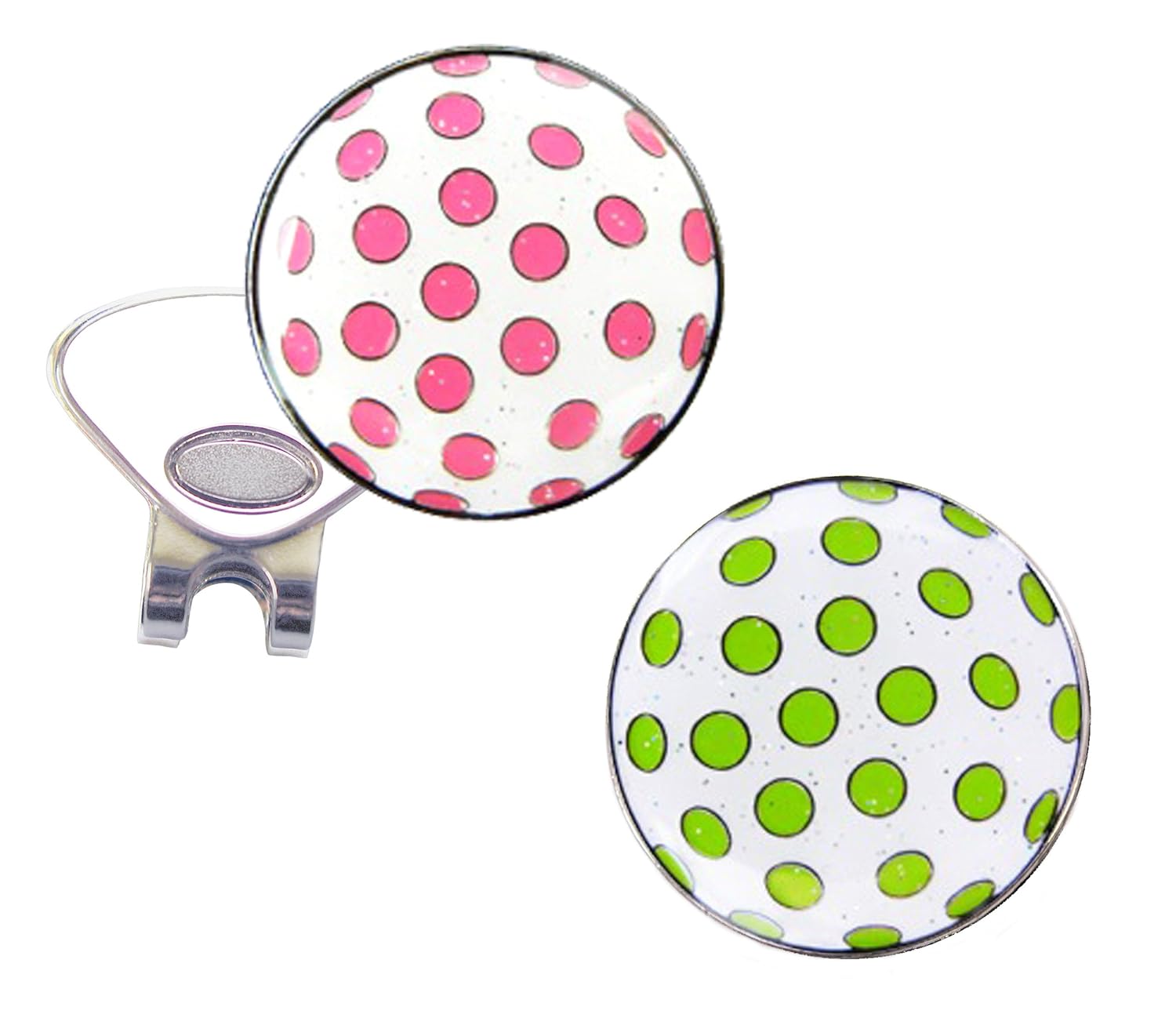 Navika Pink Polka Dot and Green Polka Dot Glitzy Ball Marker Combo with ONE Magnetic Hat Clip