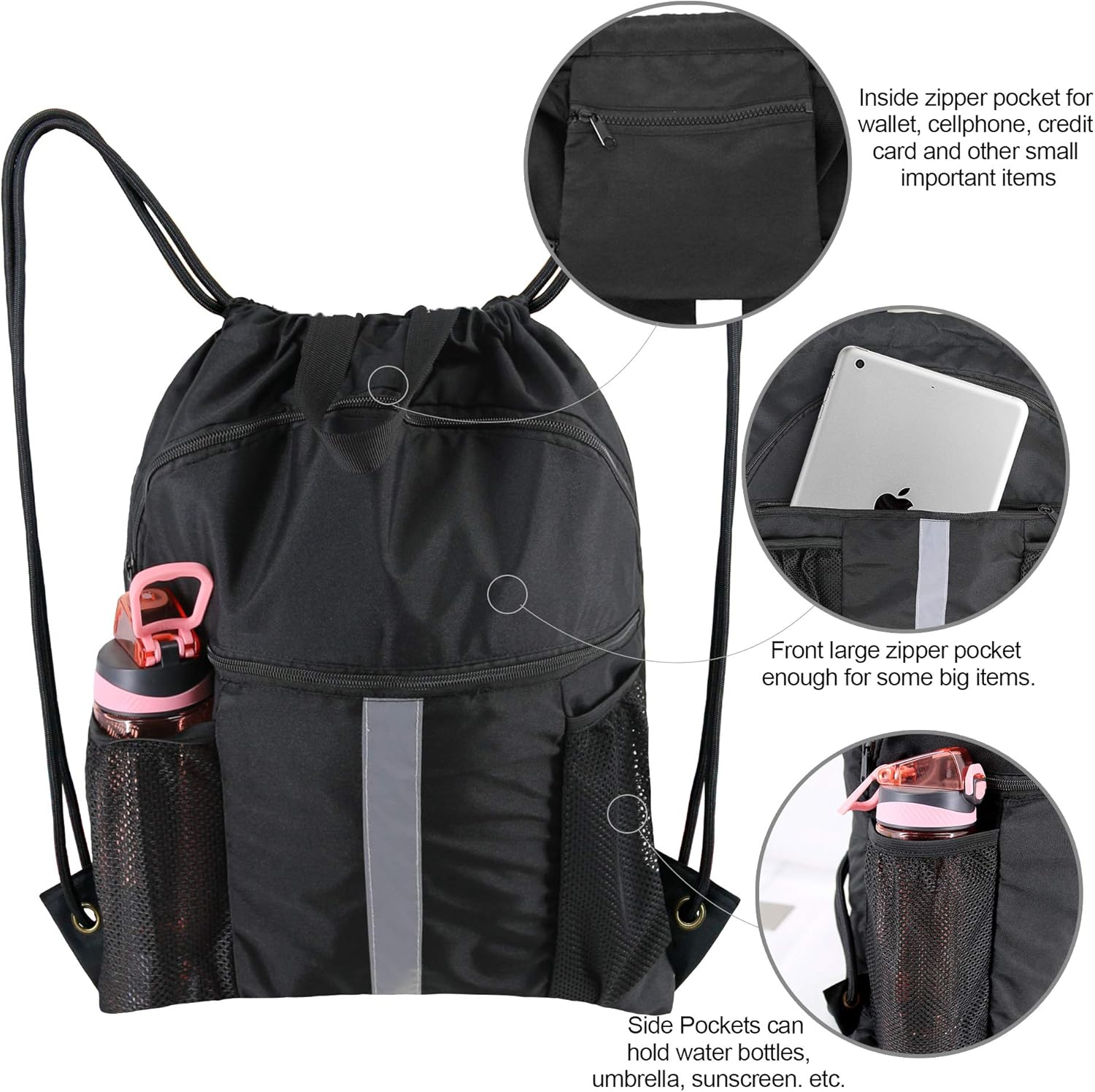  | BeeGreen Drawstring Backpack Bag with Shoe Compartment X-Large Black Gym Sports String Cinch Backpack Athletic Sackpack with Front Inside Zipper Pockets and Mesh Water Bottle Holders for Women Men | Drawstring Bags