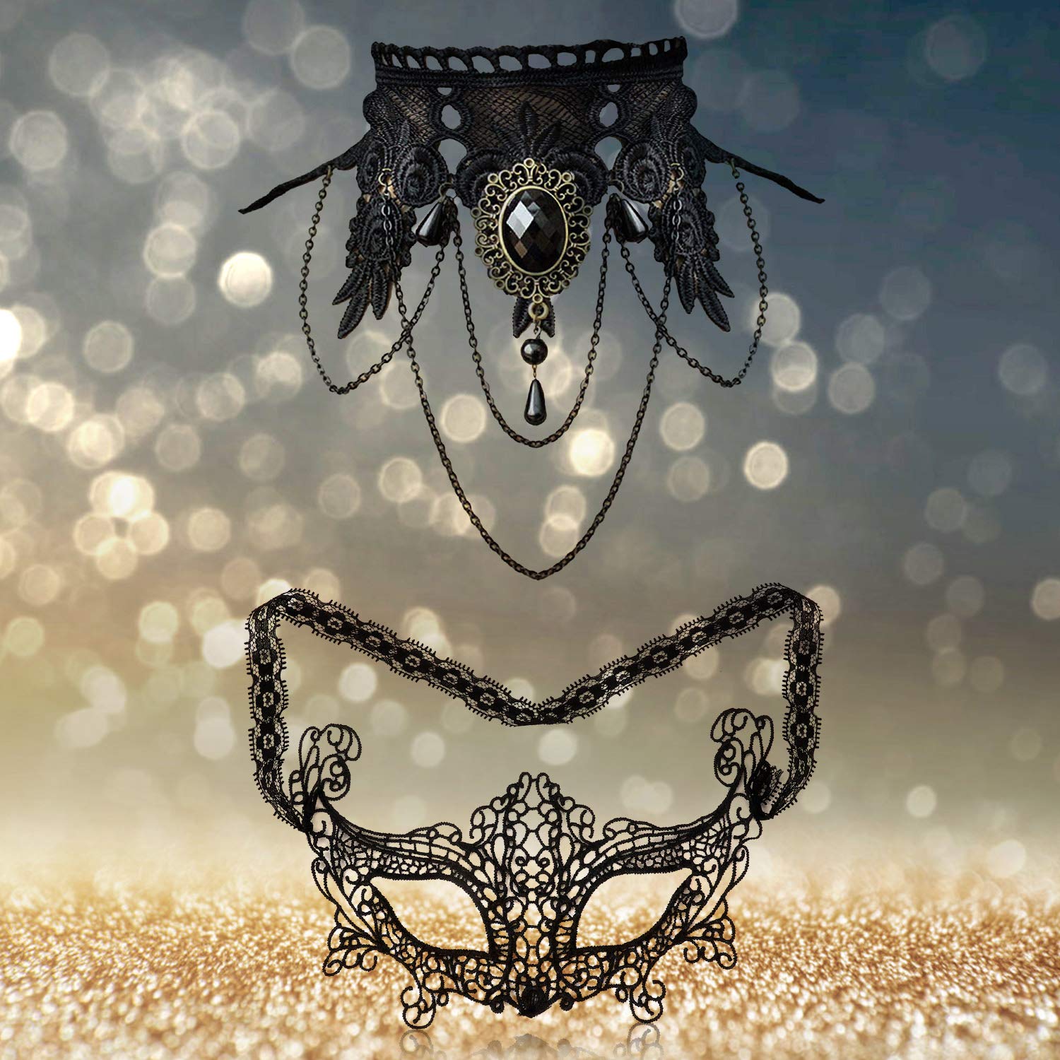 Aniwon Punk Style Halloween Party Black Lace Choker Necklace Fingerless Satin Embroidered Gloves Lace Masquerade Mask Set for Women for Wedding Evening Vampire Costume steampunk Accessories