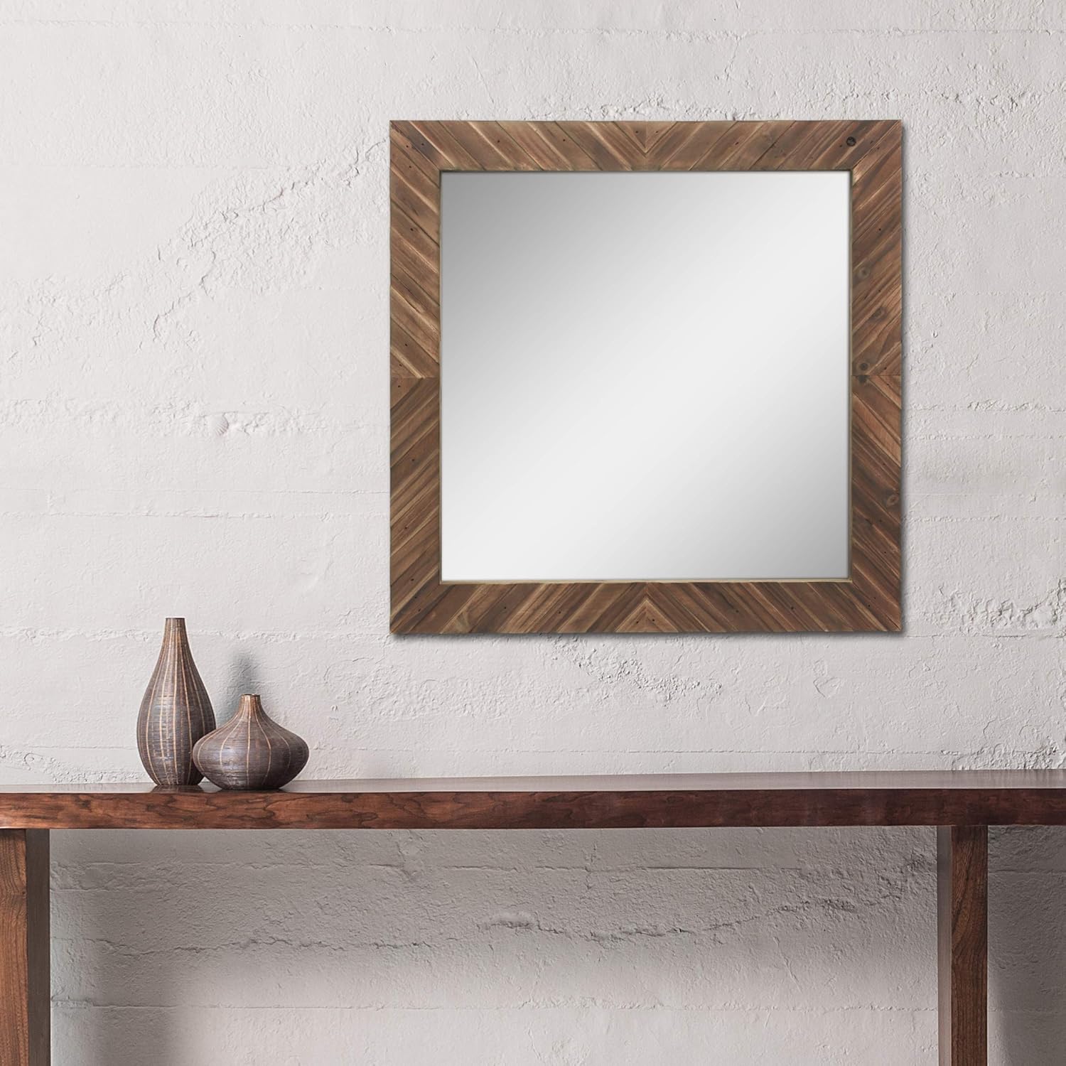 Stonebriar Square Textured Wooden Chevron Hanging Wall Mirror with Attached Mounting Brackets, Rustic Decor Accents for the Bathroom, Living Room, Bedroom, Office, and Hallway: Home & Kitchen