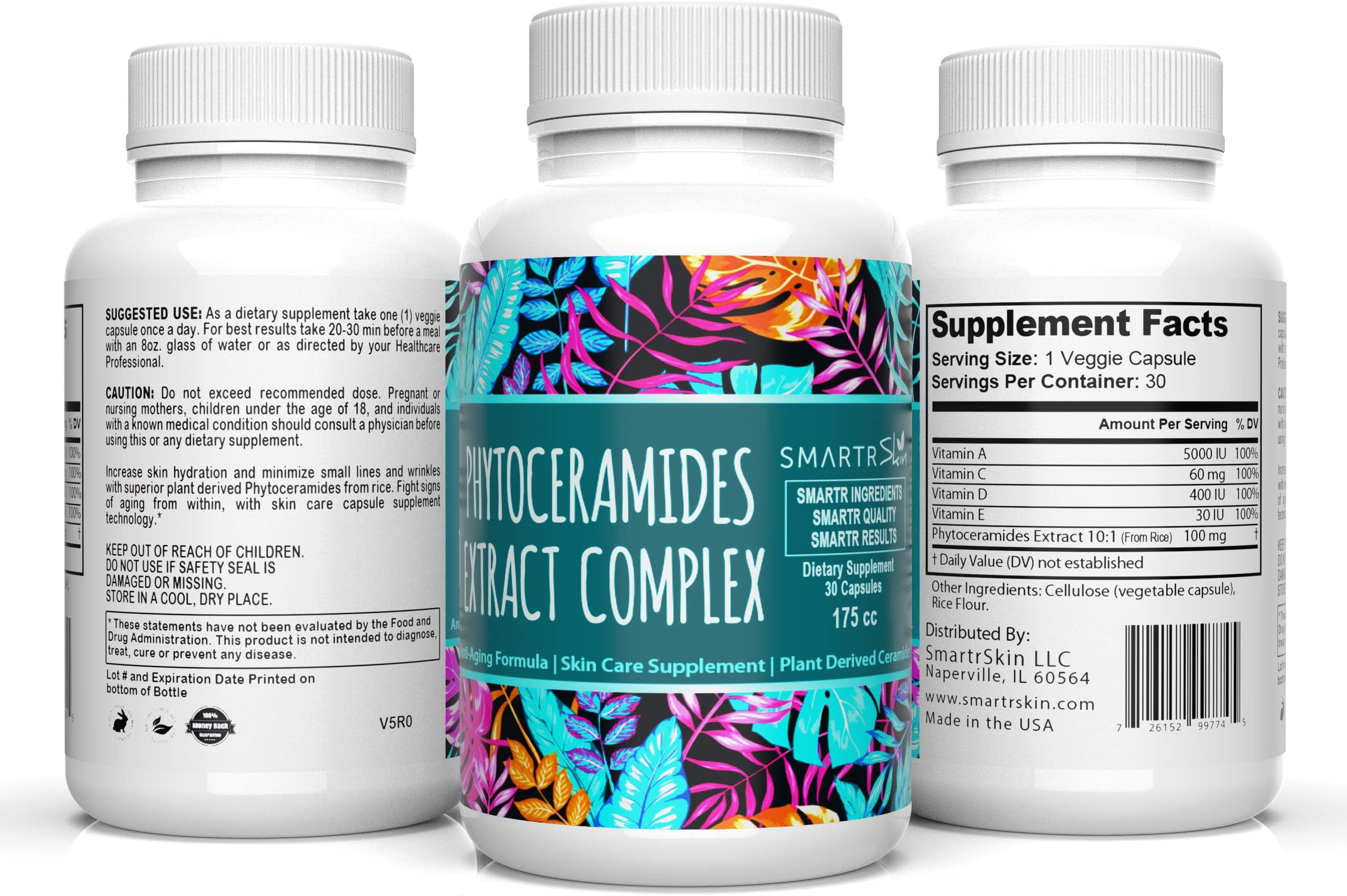 Phytoceramides Vegetable and Rice Complex with Vitamin A C D & E - Reducing Fine Lines & Wrinkles - Restoring Hydration & Skin Tightening - Gluten Free - Natural Plant Derived Anti-Aging Treatment