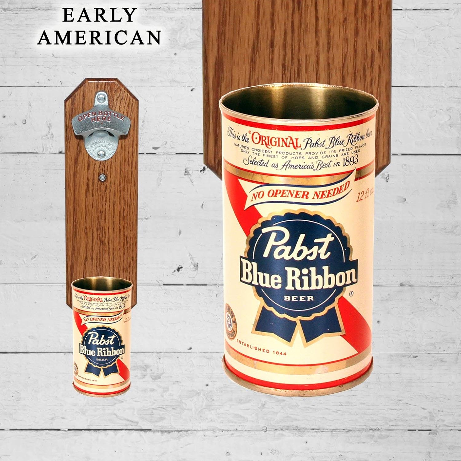 Wall Mounted Bottle Opener with Vintage PBR Pabst Blue Ribbon Beer Can Cap Catcher