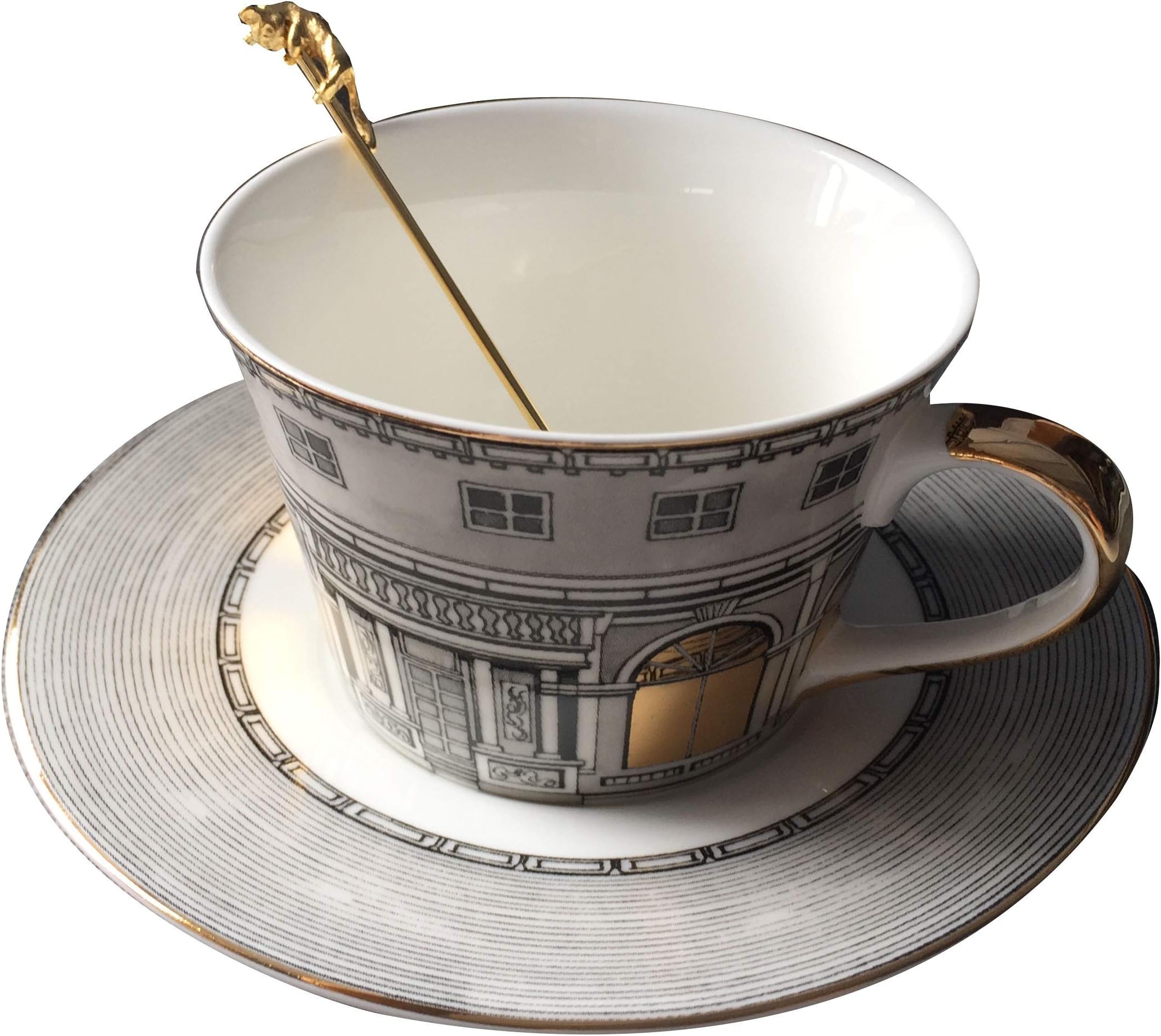 ZHKY Nordic Bone Gold Window Retro Swan Castle Classic Wind Coffee Cup Home Decoration Lunch Fornasetti Tea Cup Diameter 9.1cm, height 6.4cm,Plate 15.5cm