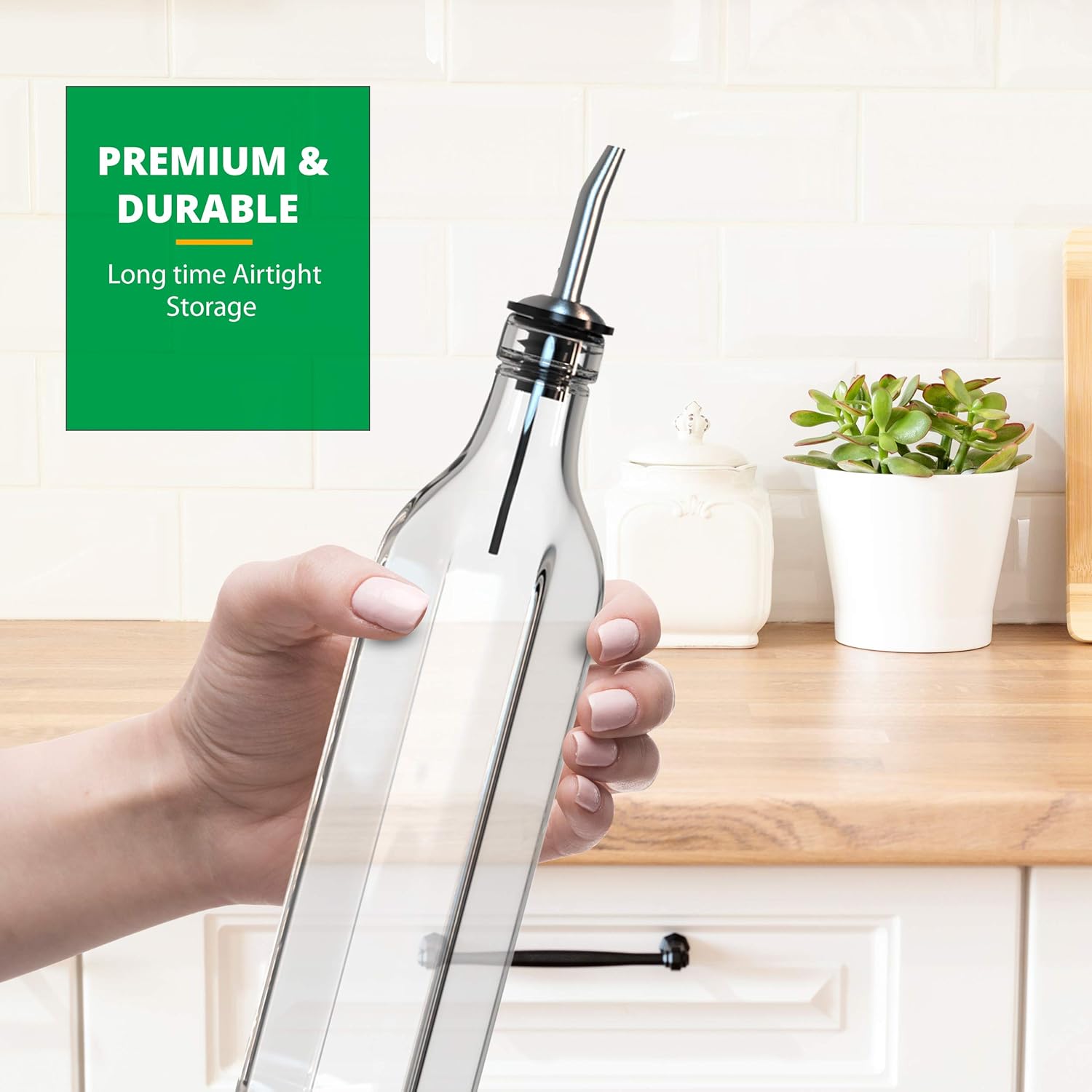 Liam Kitchen Glass Oil Dispenser 17oz Pack 1 - Olive Oil and Vinegar Cruet Clear Bottle Includes 1 Extra Stainless Steel Spout for Easy Pouring - White: Home Improvement