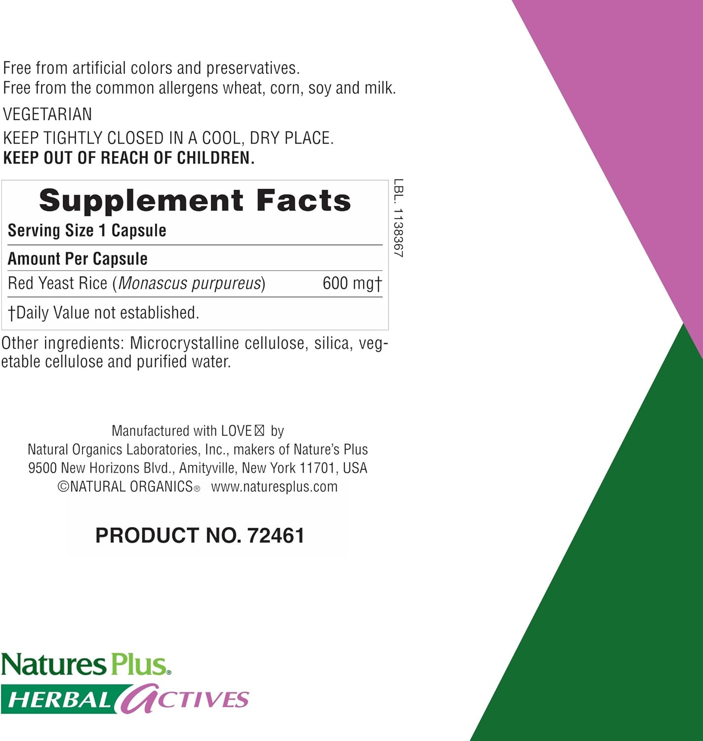 NaturesPlus Herbal Actives Red Yeast Rice - 600 mg, 120 Vegan Capsules - Maximum Potency Herbal Supplement, Cholesterol Support - Vegetarian, Gluten-Free - 120 Servings: Health & Personal Care