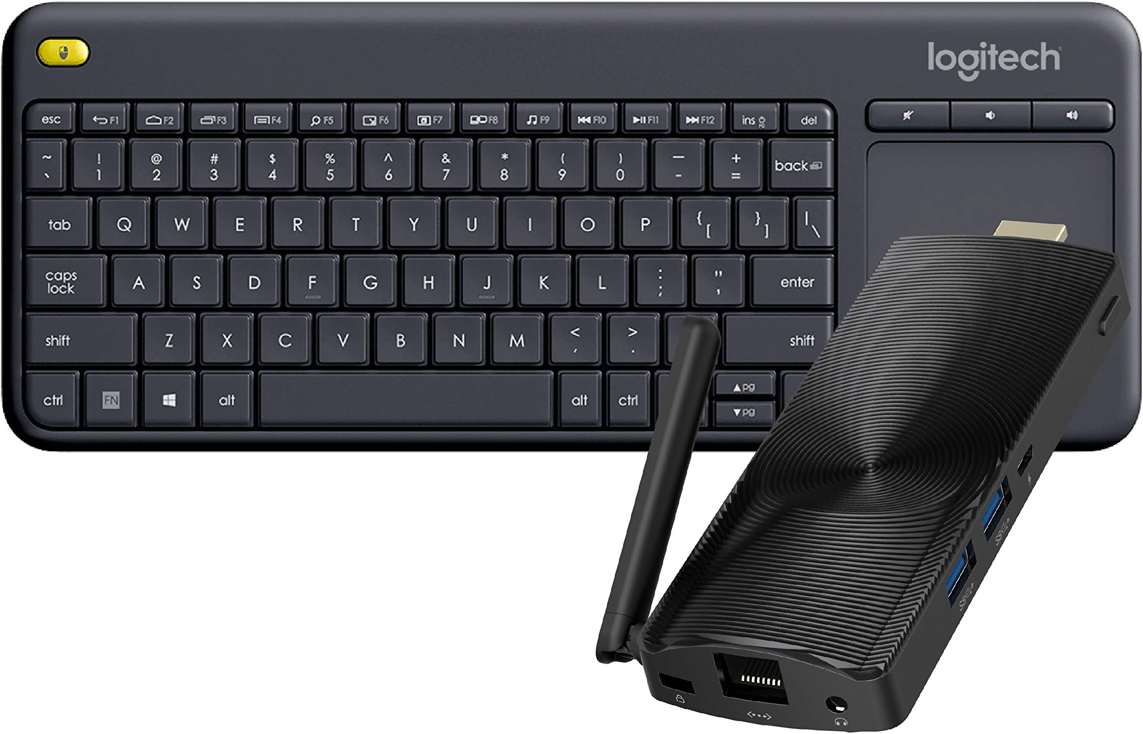 Azulle Access3 Mini PC Stick Bundle (4GB/32GB) Fanless Windows 10 Pro (64 bit) N4100 with Logitech K400 Plus Wireless Keyboard