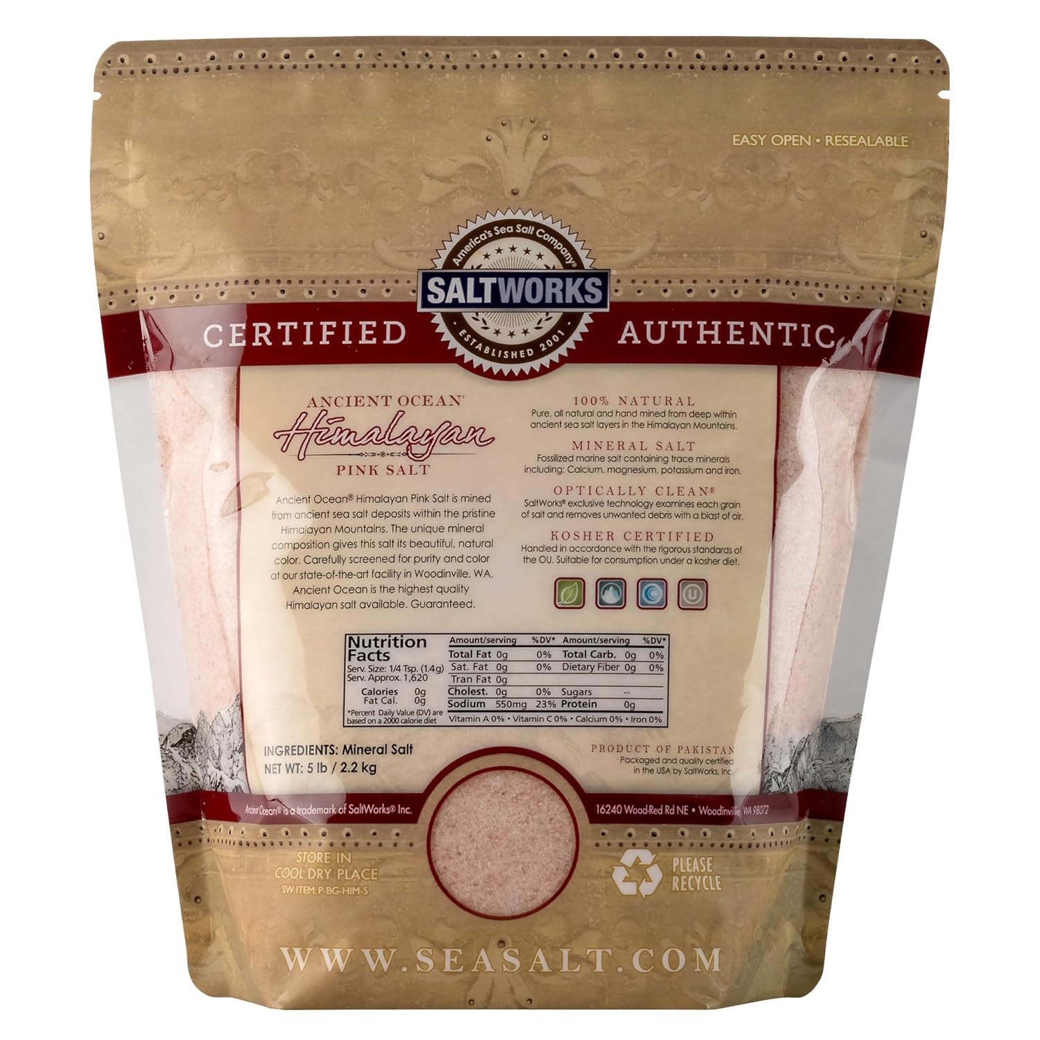 SaltWorks Ancient Ocean Himalayan Pink Salt, Fine Grain, 5 Pound Bulk Bag: Grocery & Gourmet Food