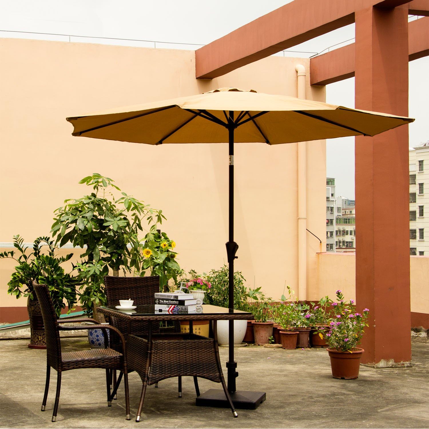 Amazon Com Ollieroo Patio Umbrella Tilt Beige Aluminum 9ft Outdoor Market Umbrella With Crank 8 Steel Ribs And Wind Vent 100 Polyester Garden Outdoor