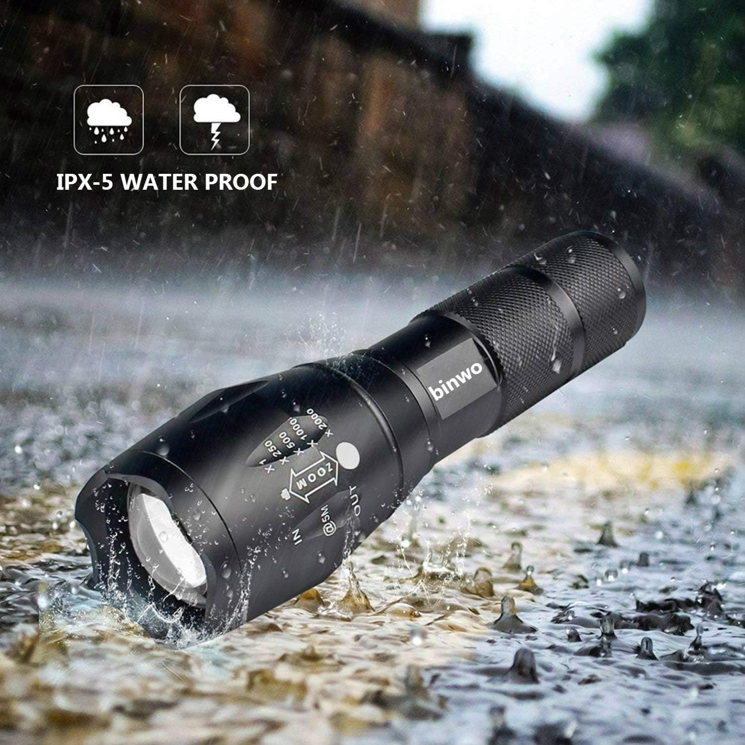 LED Tactical Flashlight, BINWO Super Bright High Lumen XML T6 LED Flashlights Portable Outdoor Water Resistant Torch Light Zoomable Flashlight with 5 Light Modes, 2 Pack - - 