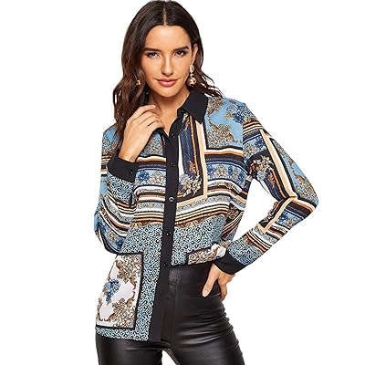 Milumia Women's Elegant Button Down Long Sleeve Print Blouse Top