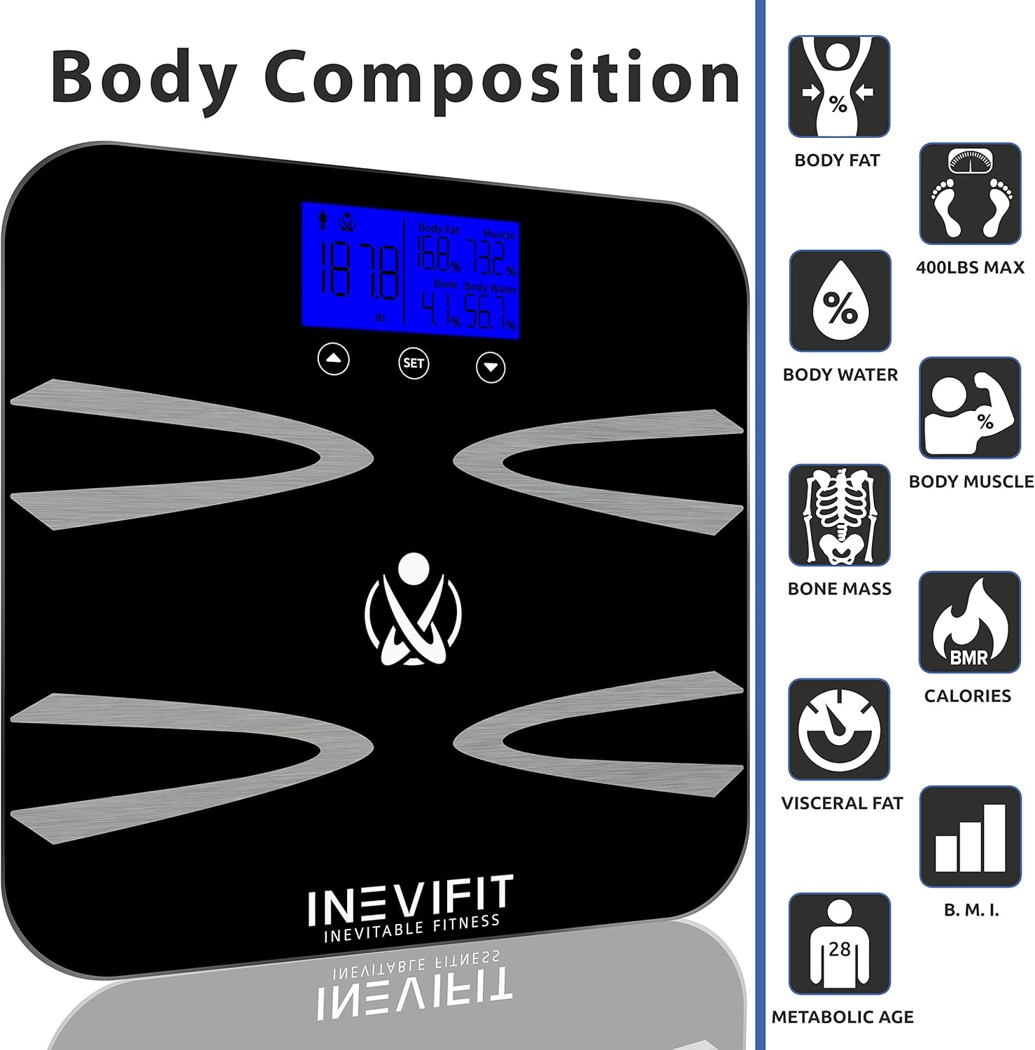 INEVIFIT Body-Analyzer Scale, Highly Accurate Digital Bathroom Body Composition Analyzer, Measures Weight, Body Fat, Water, Muscle, BMI, Visceral Levels & Bone Mass for 10 Users. 5-Year Warranty: Health & Personal Care