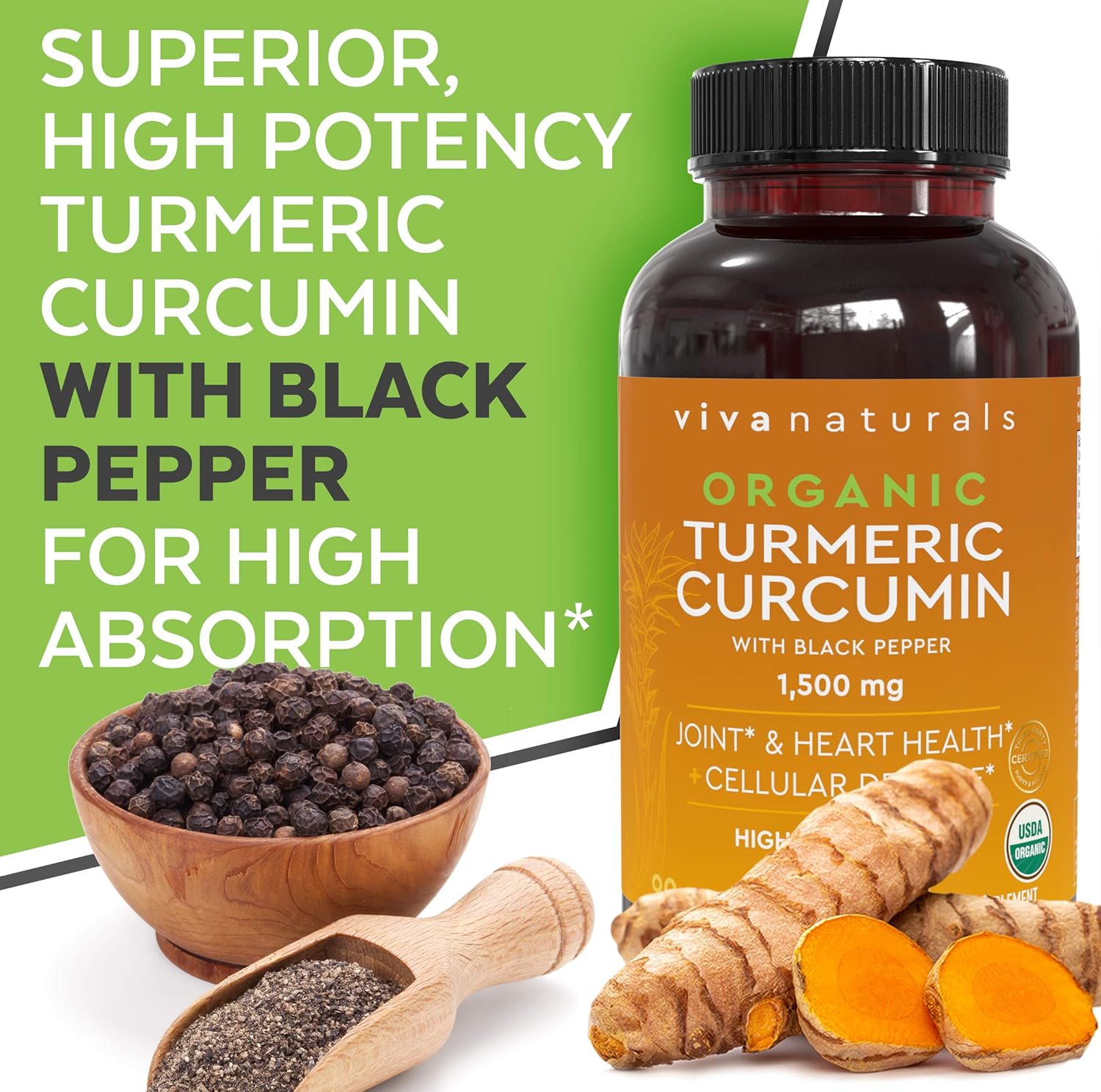 Organic Turmeric Curcumin Supplements with Black Pepper for Better Absorption | 1500mg High Potency Turmeric Pills Organic for Joint Support, Joint Supplements for Men & Women, 90 Tablets.: Health & Personal Care