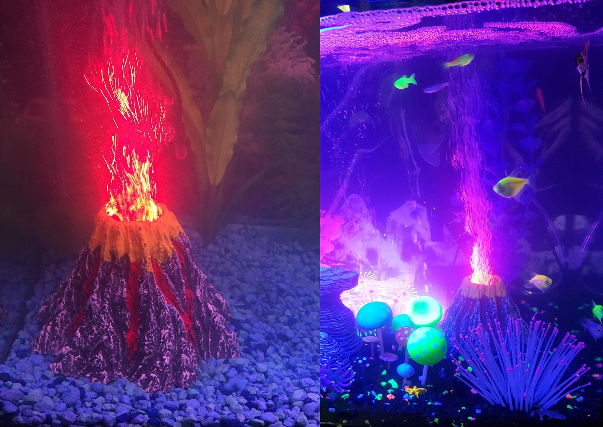 Aquarium Volcano Ornament Kit with Red LED Spotlight Air Stone bubbler