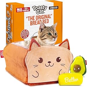 TOASTYCAT The Original Bread Cat Bed with 2 Plush Cat Toys - Calming Self Warming Memory Foam with Machine Washable Zip Cover - Perfect for Indoor Cats and Kittens - Large XL Loaf Design Stuffs Pets