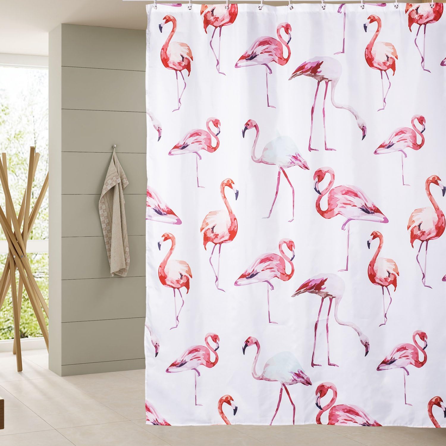 victorshunshun white shower curtain, pink flamingo pattern shower curtains mould proof resistant，waterproof 180x180CM