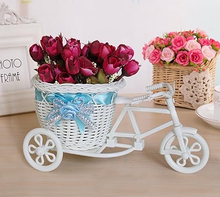Tied Ribbons Cycle Shape Plastic Flower Vase with Peonies Bunches (12.7 cm x 12.7 cm x 19.05 cm)