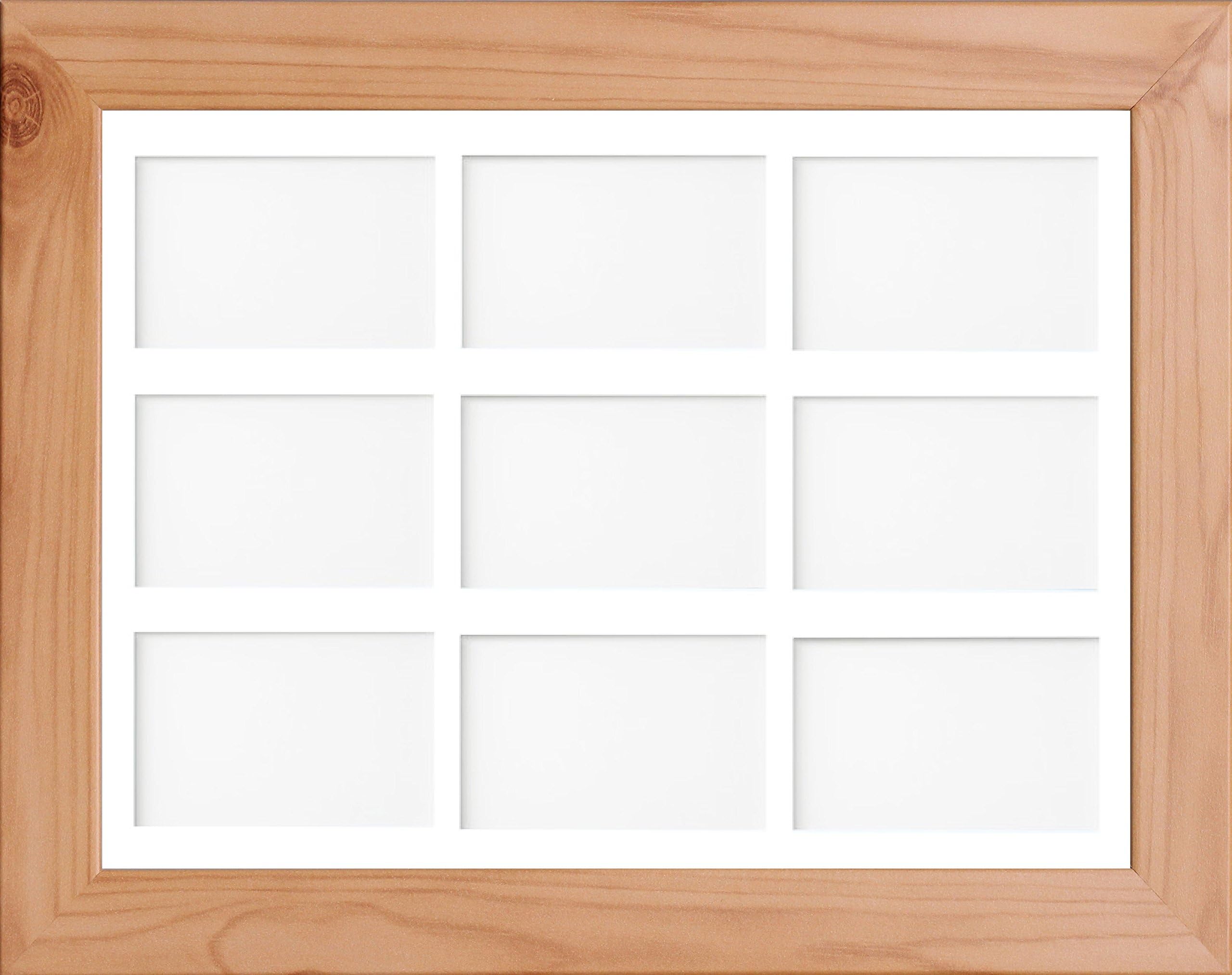 Wooden Effect Pine Multi Aperture Photo Picture Frame With White or Ivory Mount (20x16" For 6x4" x9 Landscape (Photos), White)