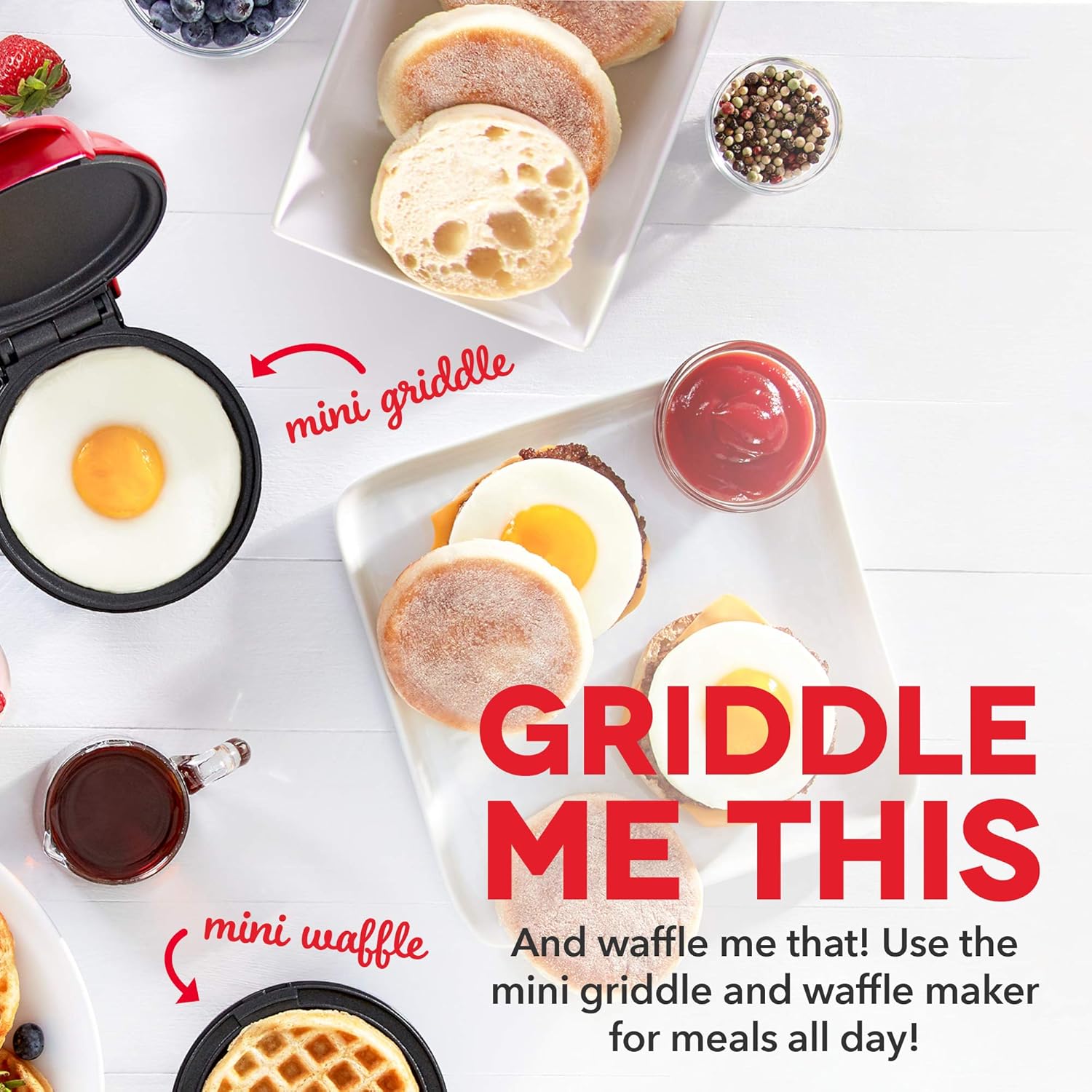 Dash DMSW002RD Mini Maker Grill, Griddle + Waffle Iron, 2 pack, Red: Kitchen & Dining