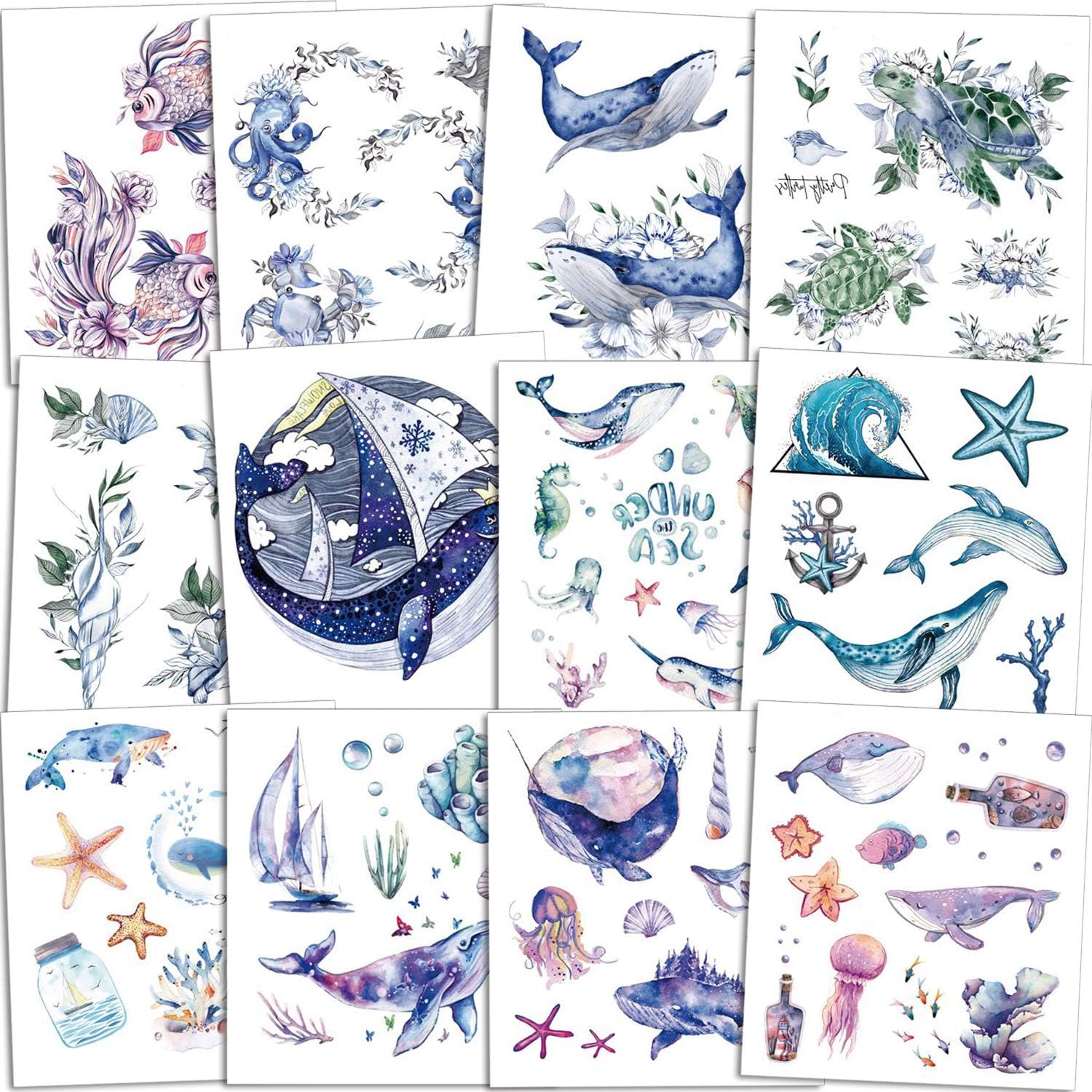 Qpout 120pcs Ocean Animals Temporary Tattoos for Kids Fake Sea Animal Tropical Ocean Fish Shark Dolphin Waterproof Tattoo Stickers Baby Shower Girls Boys Birthday Party Favor Supplies
