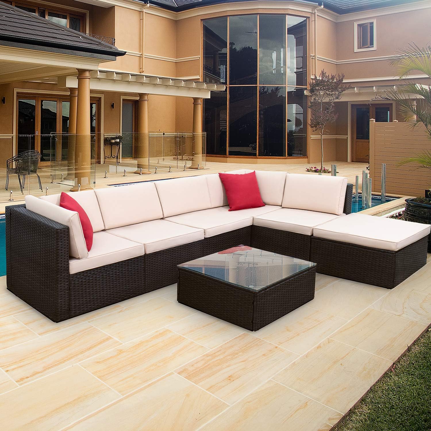 Amazon Com Furniwell 7 Pieces Patio Furniture Sectional Set Outdoor Wicker Rattan Sofa Set Backyard Couch Conversation Sets With Pillow Cushions And Glass Table Beige Kitchen Dining