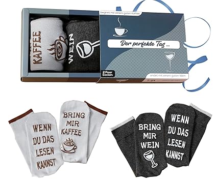 Wein-Socken und Kaffee-Socken Doppelpack, WENN DU DAS LESEN KANNST, BRING MIR WEIN/KAFFEE, witziges Geschenk für Damen und He
