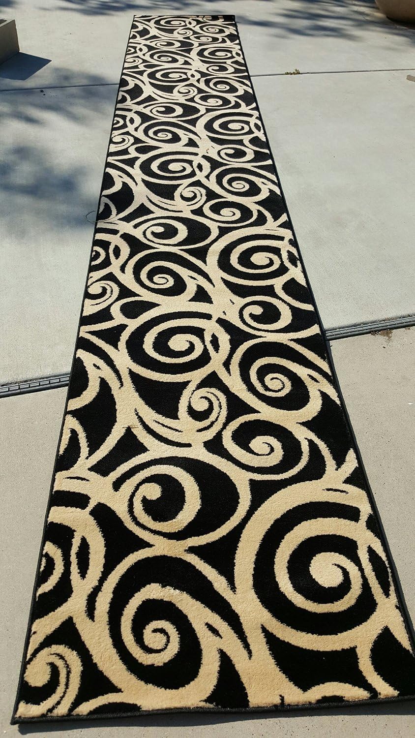 Bellagio Modern Long Rug Runner Black & Cream Swirl Design