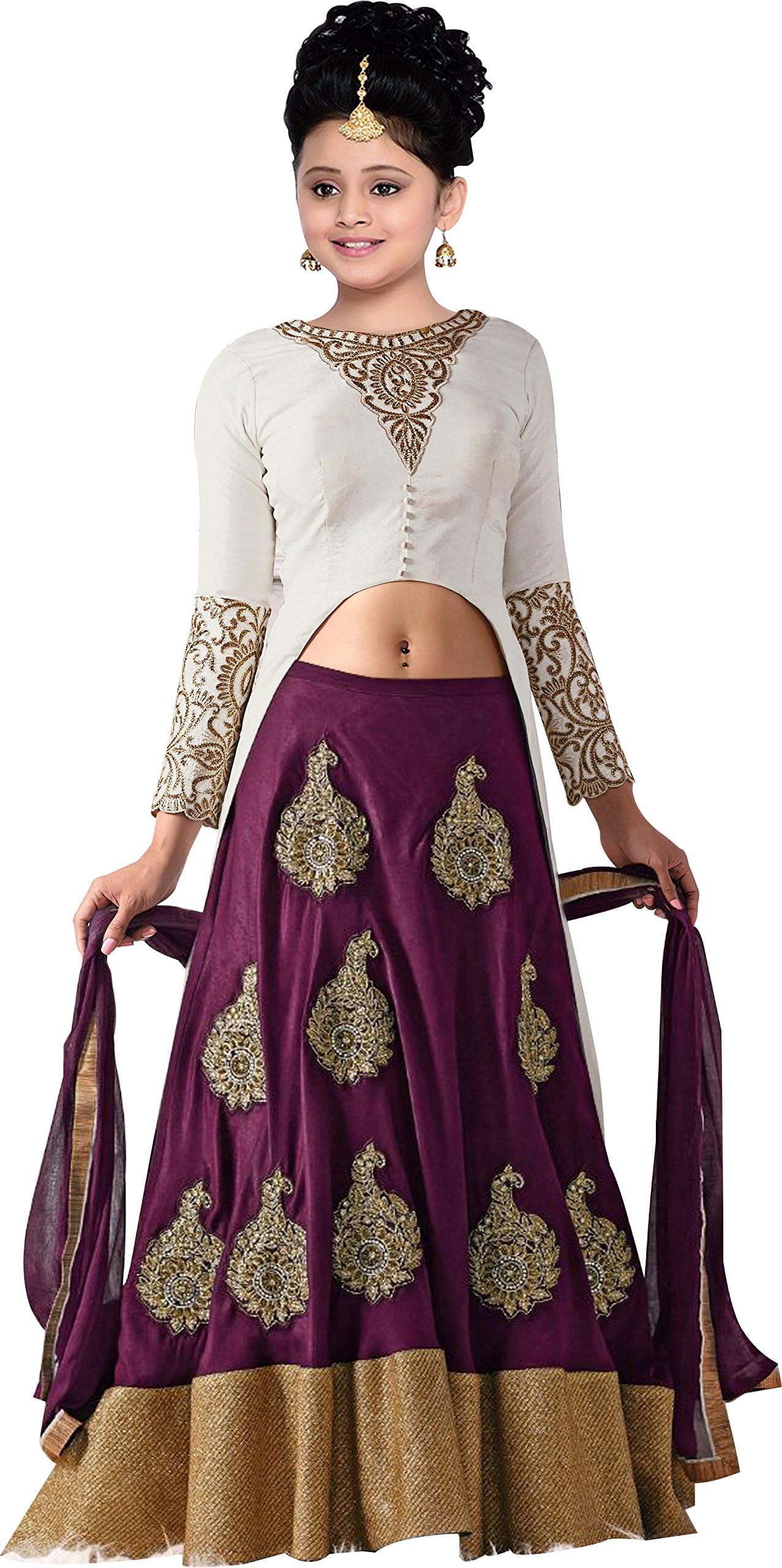 Cartyshop Girl's Heavy Embroidery White Dhupion With Wine Velvet Lehenga Indo western ReadyMade Lehenga Choli For Girls