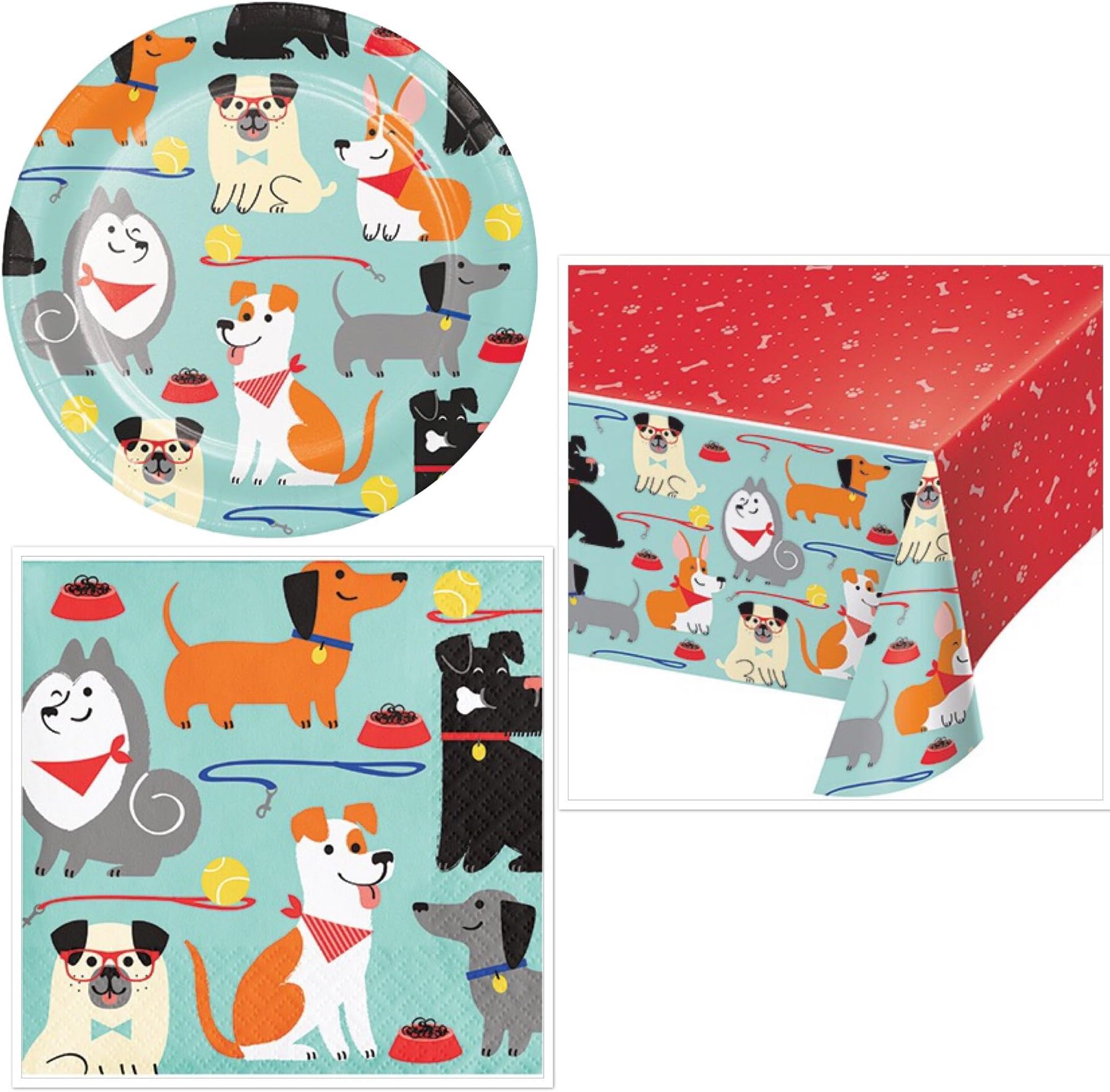 Dog-Theme Birthday Party Bundle: Serves 16 Plates, Napkins, Table Cover and Grandma Olive's Recipe